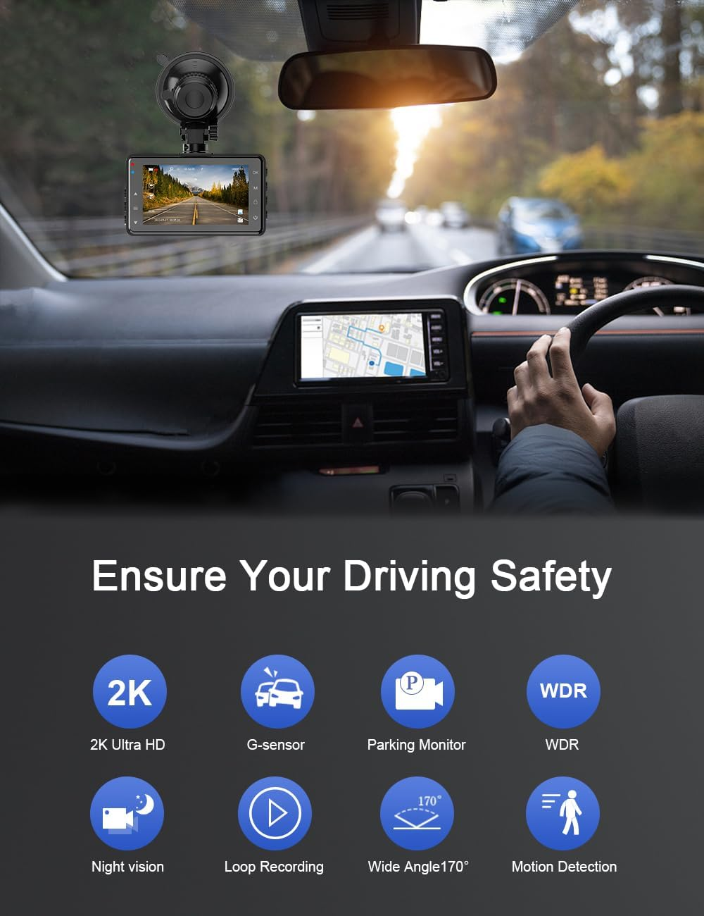 Dash Cam for Cars 2K Car Dash Camera Car Camera Recorder 3Inch Screen Dashboard Camera with 170&deg; Wide Angle, Super Night Vision, WDR, Loop Recording, Parking Monitor, G-Sensor, Motion Detection image number 5