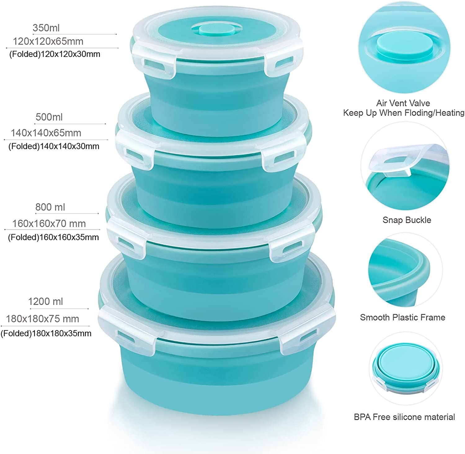 RAXCO Collapsible Food Storage Containers,4-Piece Silicone Bento Lunch Boxes,Salad Bowls and Camping Picnic image number 5