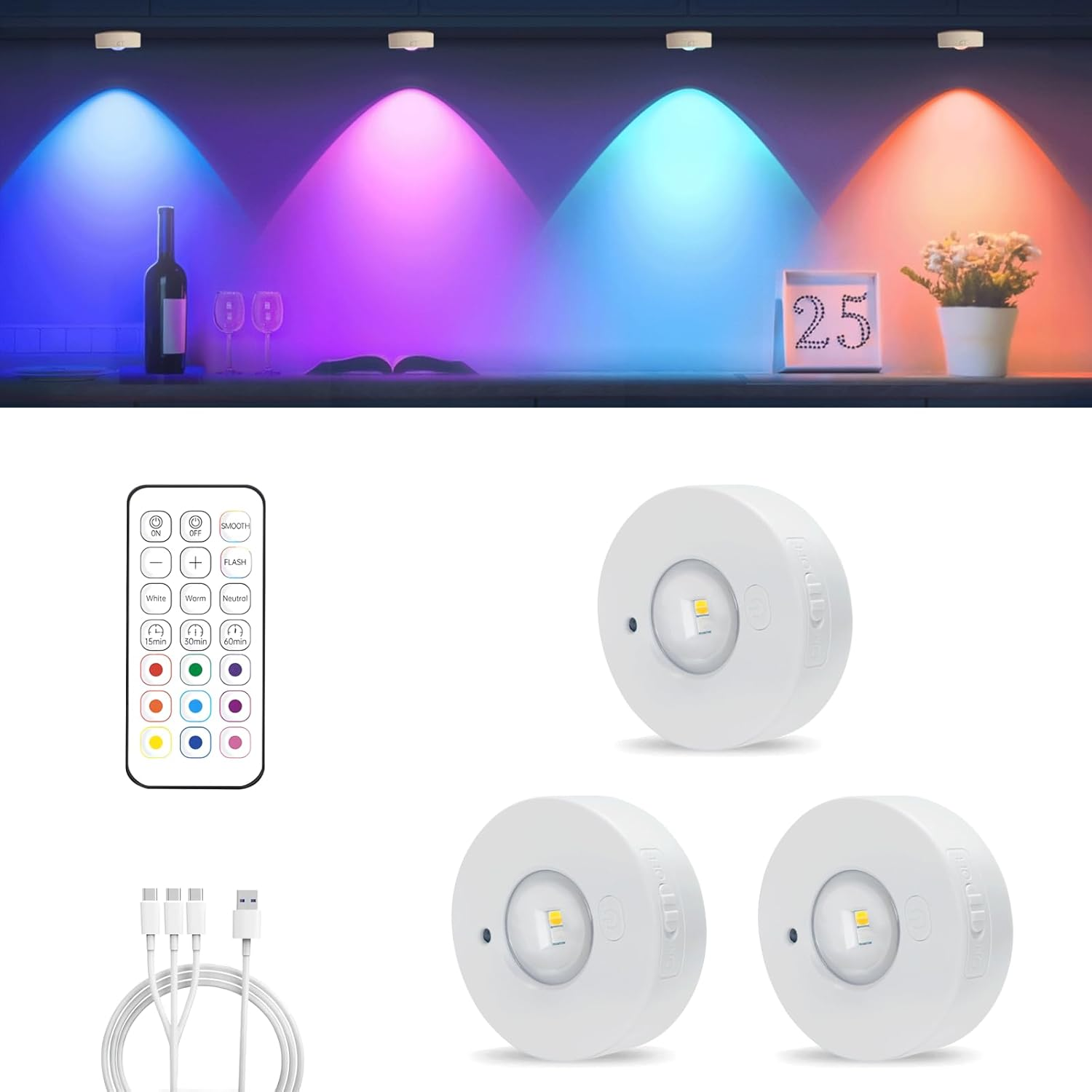 MERTTURM Rechargeable LED Cupboard Light, USB Wireless RGB Puck Light, Battery Operated Shelf Display Cabinet Light, Dimmable Stick on Wall Light with Remote Control/Timer for Wardrobe/Kitchen-3 Pack image number 4