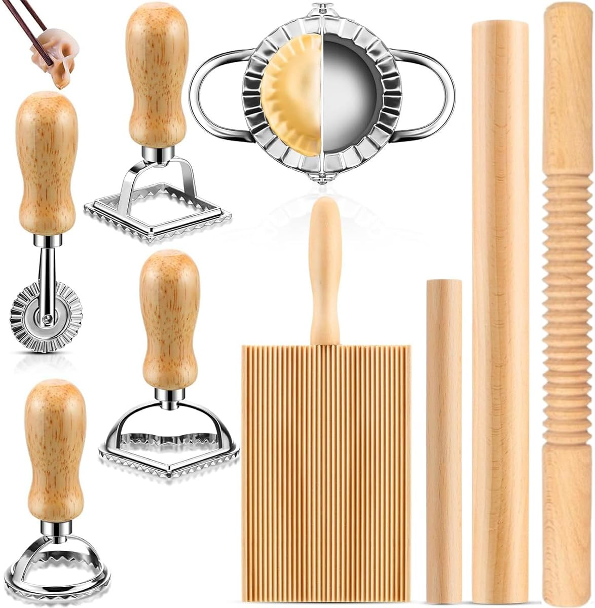 Kitment 9Pcs Pasta Making Tools Set, Pasta Maker, Wood Gnocchi Board, Rolling Pin, Pasta Roller, 4 Ravioli Stamp Maker Cutter, Dumpling Maker, Kitchen DIY Gift image number 5