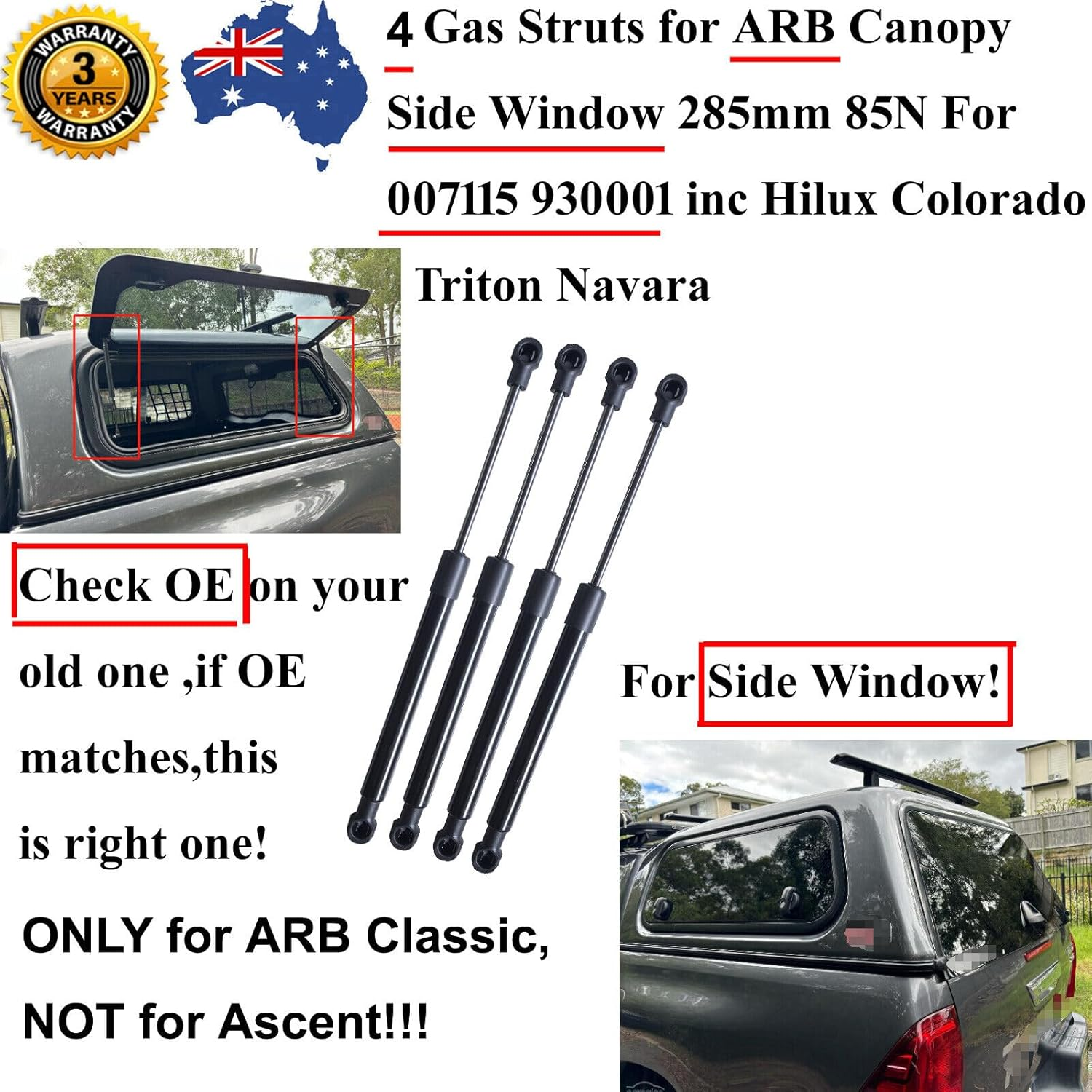 AONNOUS 4PCS Gas Struts for ARB Canopy Side Window;Replace OE 007115 6603030;285Mm 85Newtons;Quarter Panel Window Glass Springs Support Pick up UTE Inc Hilux image number 2