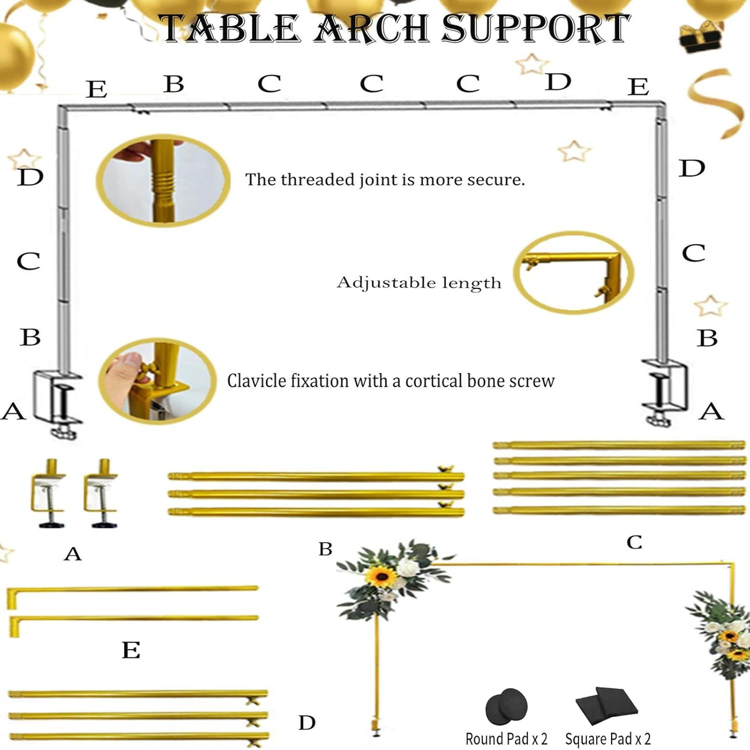 Over the Table Rod Stand with Clamps Adjustable 42-168Cm Height 170-260Cm Width Gold Table Arch Hanging for Wedding Birthday Party Anniversary Decoration Metal Decorating Rod Hanging image number 5
