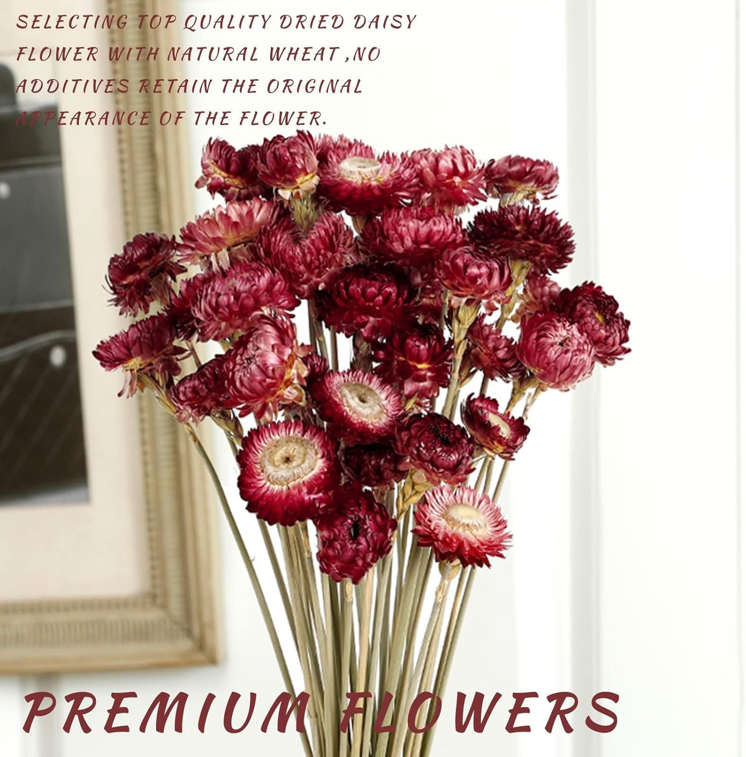 MIHUAGE Dried Flower 40PCS Daisy Bouquet 100% Natural Chrysanthemum Dry Flower with Stem for Vase Home D&eacute;cor Party DIY Arrangement Wheat Straw Bulk (Burgundy)