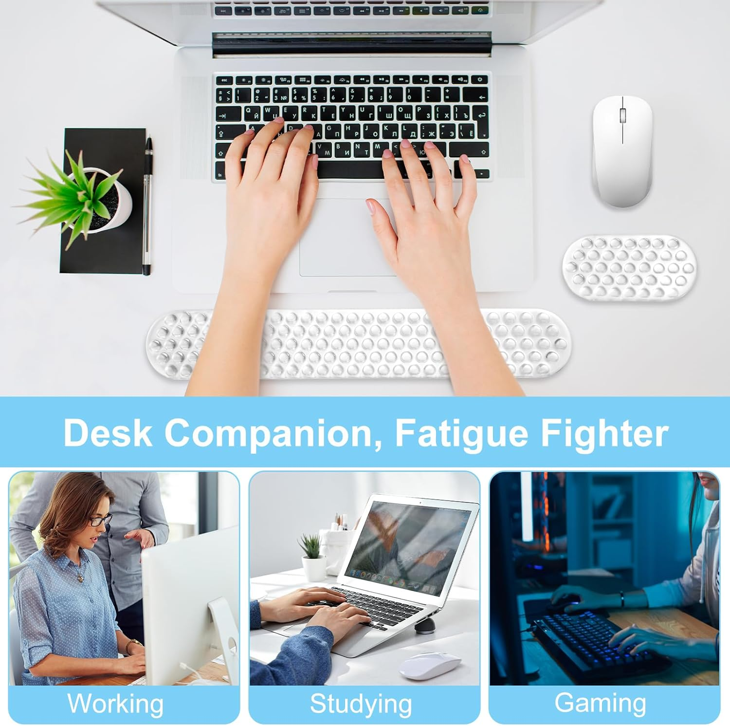 MOSISO Gel Wrist Rest Support for Mouse Pad&Keyboard Set, Ergonomic Massage Keyboard&Mouse Pad Set, Non-Slip Base Pain Relief&Soft Cooling Gel Computer Easy Typing Pad for Home/Office, Transparent - Transparent image number 1