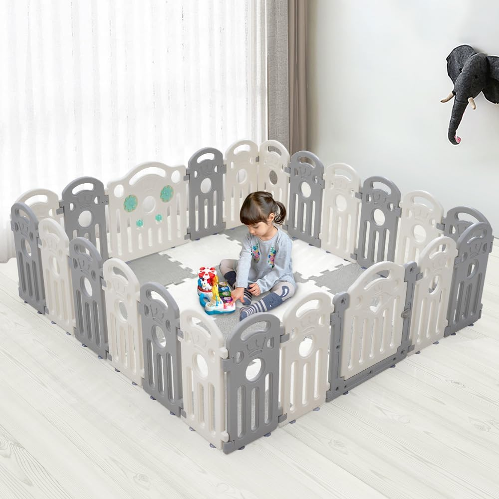 Playpals Baby Playpen, 22 Panels Baby Play Pen with Lock Door, Adjustable Shape, Kids Activity Centre Safety Play Yard, Portable Baby Fence Play Area for Indoor Outdoor (Gray + White) image number 1