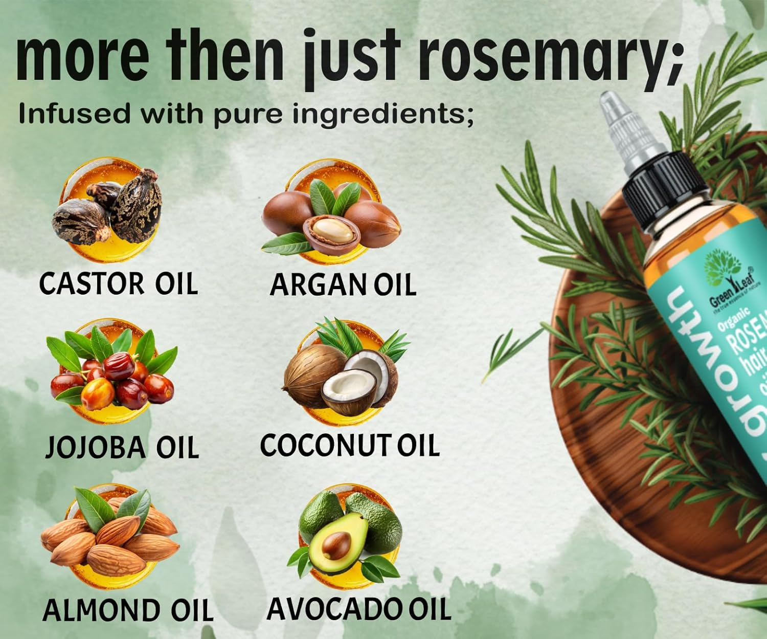 Organic Rosemary Hair Oil, Infused with Biotin, Jojoba, Argan, and Almond Oil for Hair Strengthening Nourishing, Volumizing, for All Hair Types, Non GMO| 125 ML. image number 1