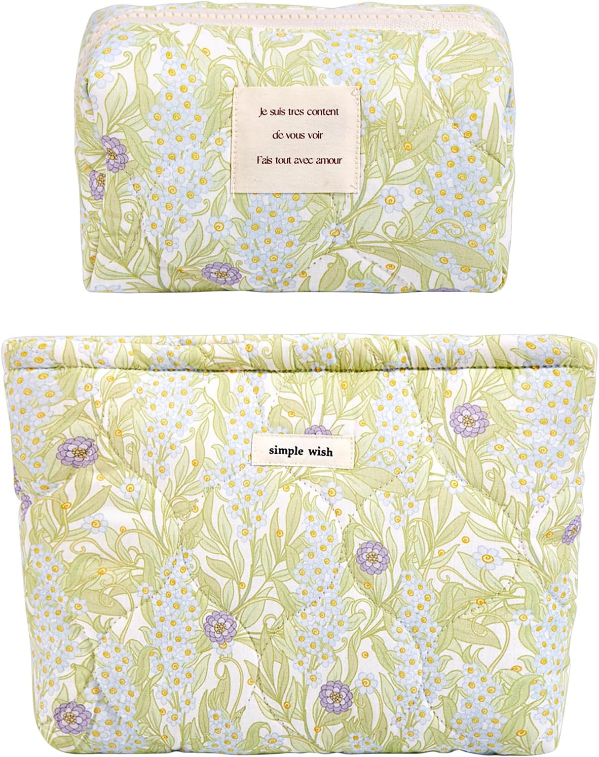 2 Pcs Floral Makeup Bag Large Travel Cotton Quilted Cosmetic Makeup Bag Organizer, Cute Coquette Aesthetic Zipper Portable Pouch Purse Storage Toiletry Bag for Women Girls Accessories, L-Green