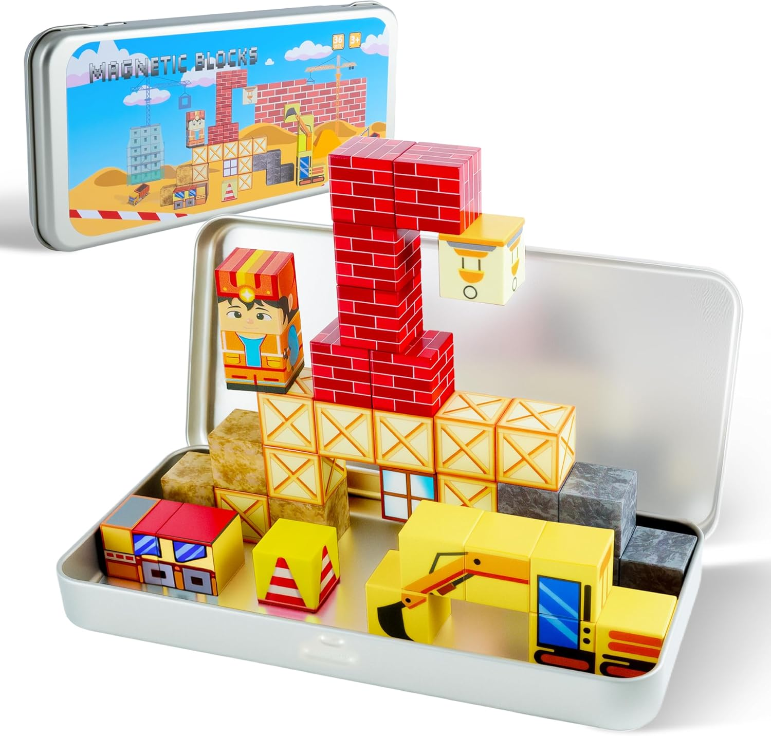 OMIPAWZ 35PCS Mini Magnetic Blocks Travel Set, Magnet Building Block Toys for Kids Age 3-8