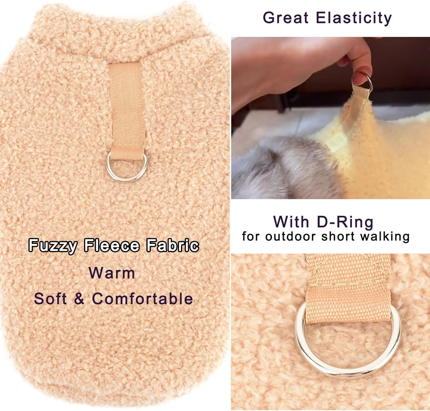 Zunea Dog Jumpers for Small Dogs Fuzzy Sherpa Fleece Winter Sweater Coats with D-Ring Soft Warm Pullover Puppy Clothes Cold Weather Jacket Coat Pet Girl Boy Chihuahua Yorkie Apparel Khaki M