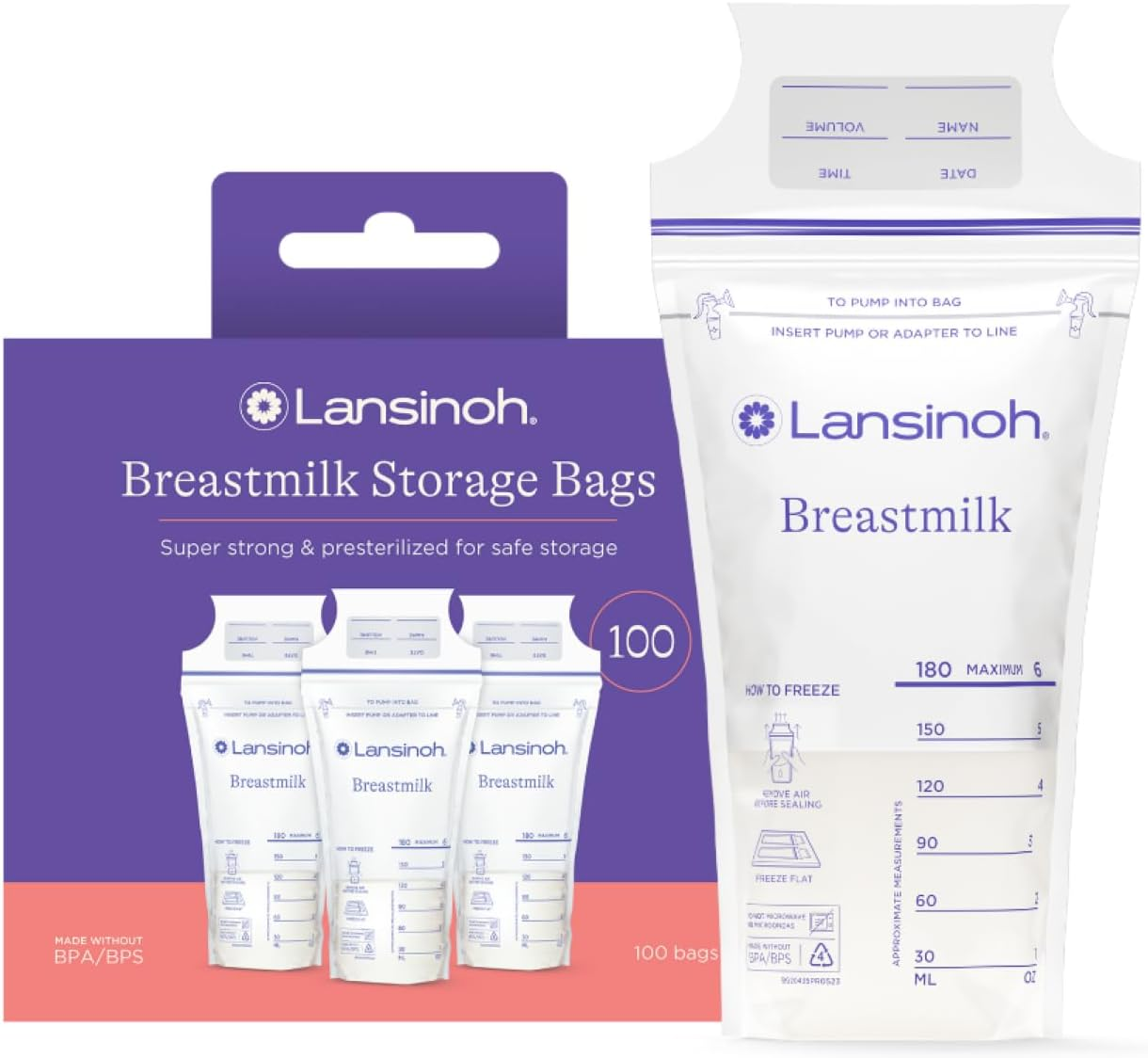 Lansinoh Breastmilk Storage Bags, 100 Count, BPA Free and BPS Free (Packaging May Vary) image number 1