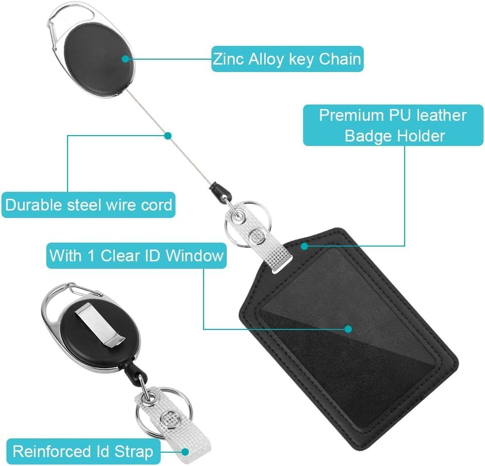 LH-2 Pack Badge Holders, Vertical PU Leather ID Badge Card Holder with 1 Clear ID Window, with Detachable Neck Lanyard Strap and Retractable Badge Reel ID Card Holders Set image number 6