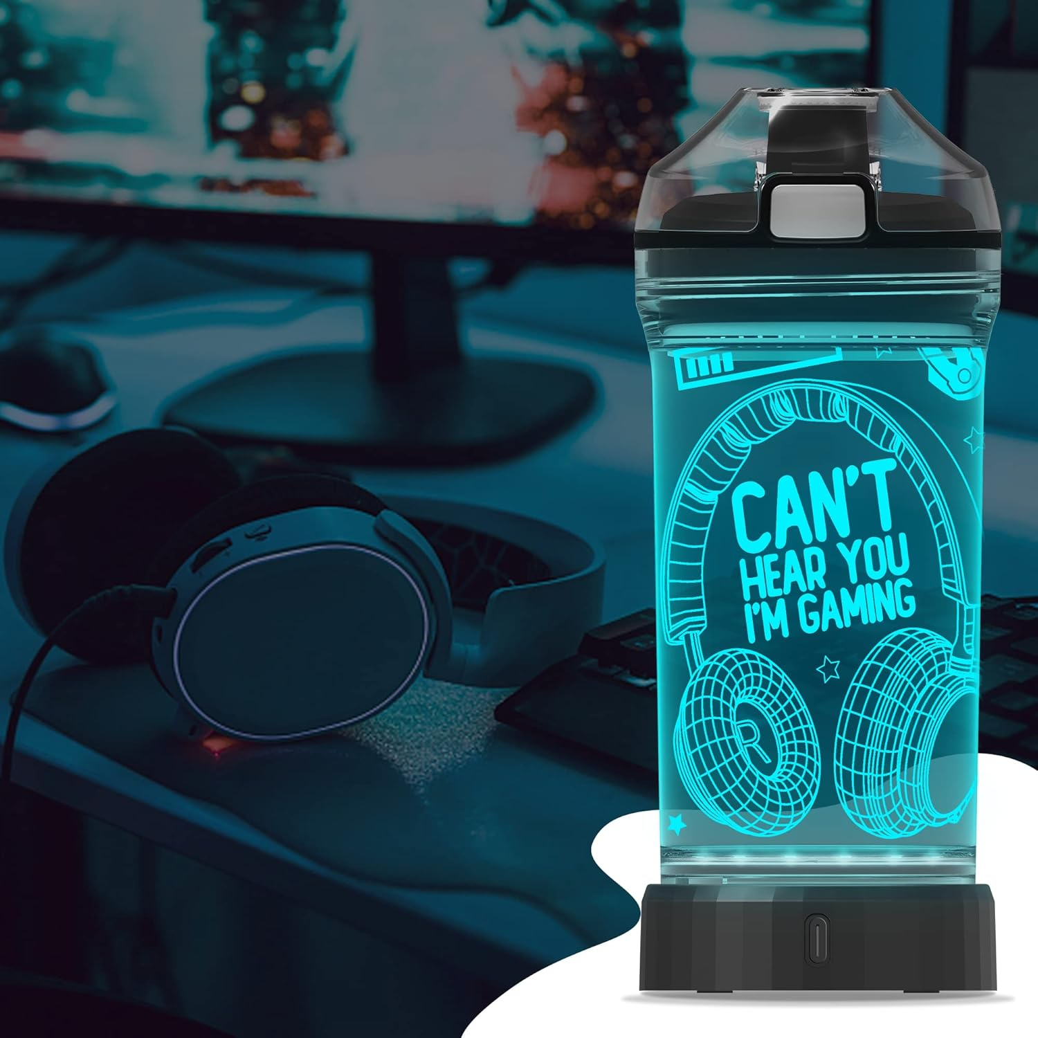 Yuandian Can'T Hear You I'M Gaming Water Bottle, Headphone 7 Color Lights 3D Light up Drinking Cups Gifts for Gamers Boys, BPA Free & Leak Proof Flip Top Lid & Easy Clean & Carry Handle, 14Oz/400Ml image number 3