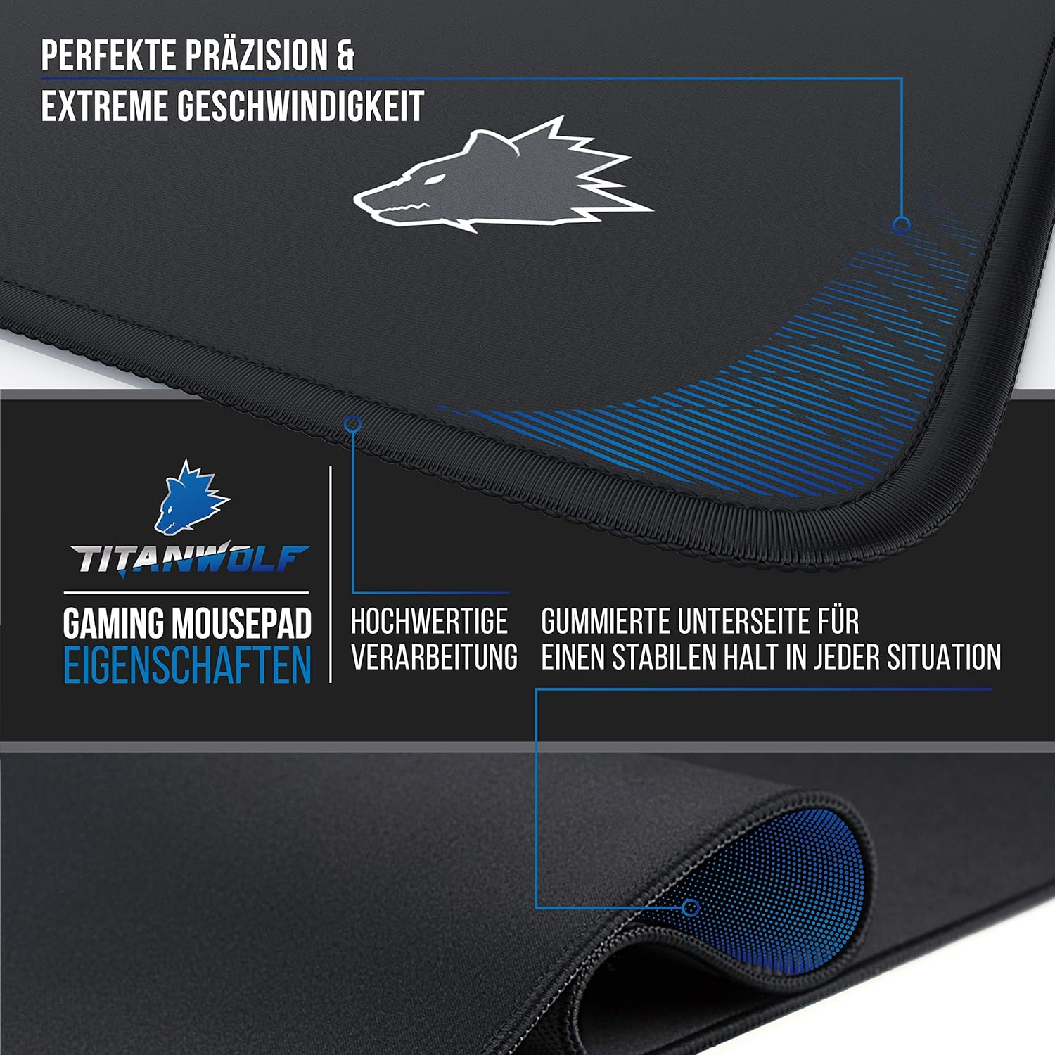 Csl-Computer XXL Speed Gaming Titanwolf Mouse Pad - Black 900 X 400 Mm - Large Table Base - Improves Accuracy and Speed, Size XXL Type 1 image number 6