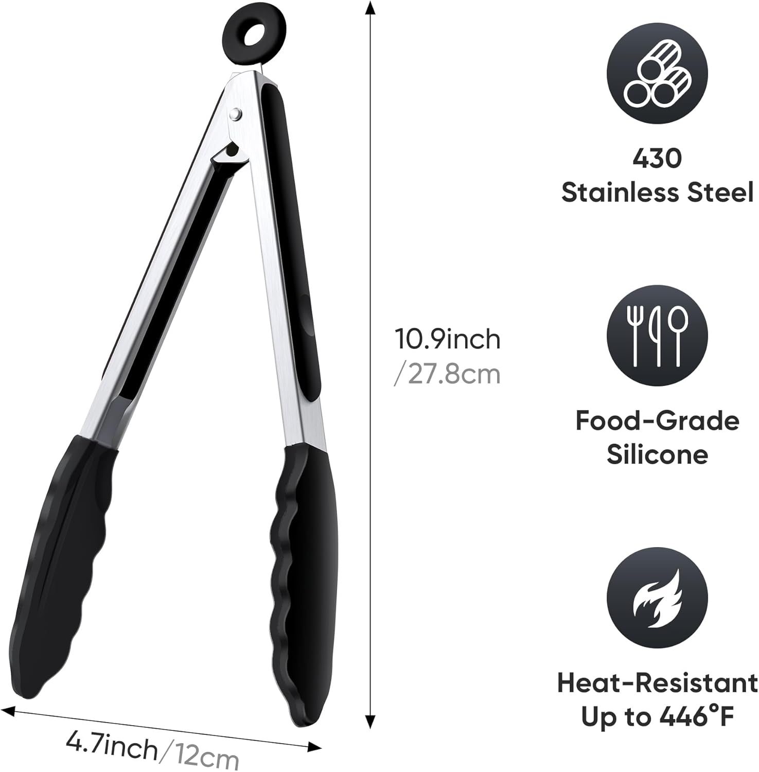 9 Inch Kitchen Tongs, Cooking Tongs with Silicone Tips and Stainless Steel Handle, Non Stick Heat Resistant Tongs for Cooking, Buffet, Salad Serving (9", Black) image number 4