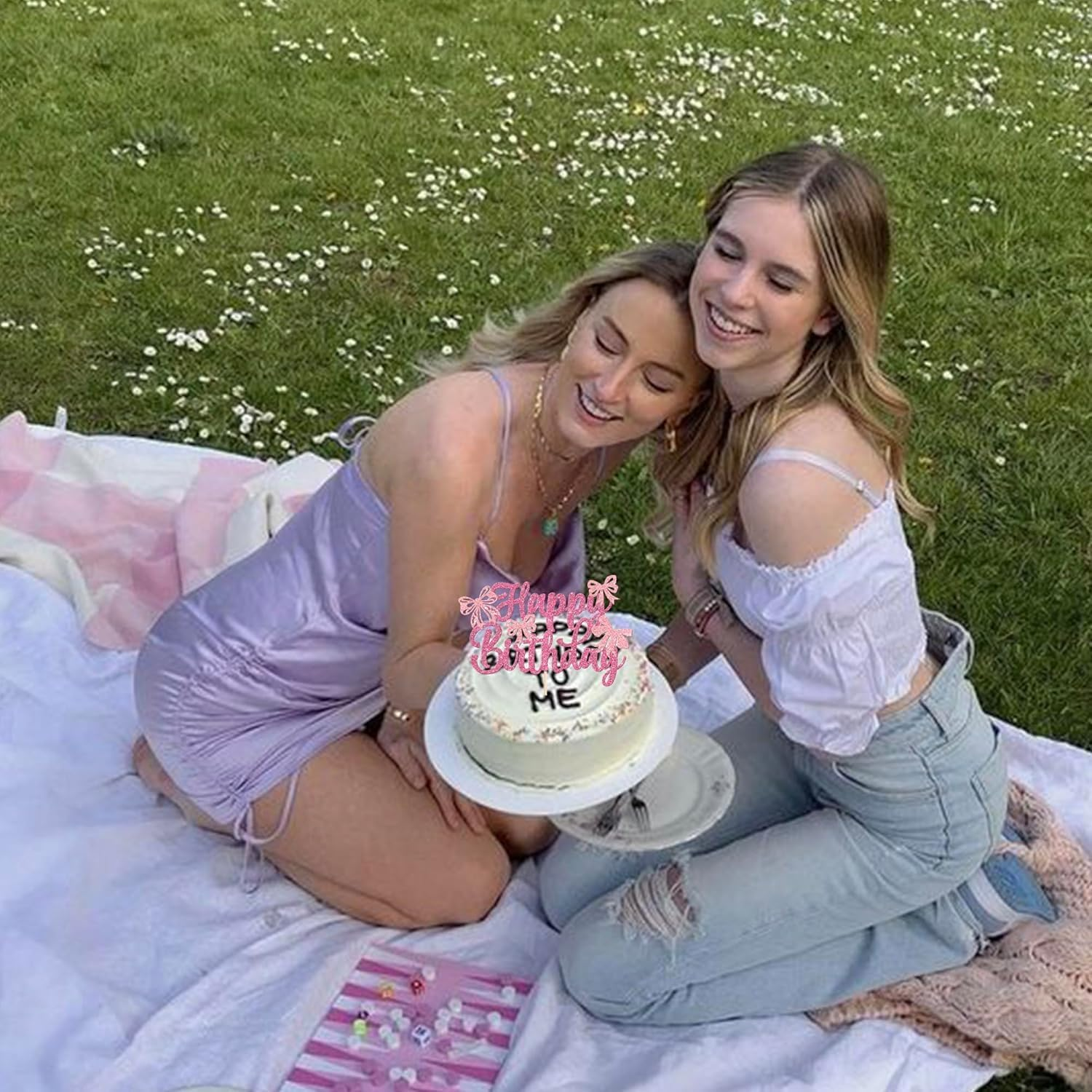 SYKYCTCY 1 Pack Bow Happy Birthday Cake Topper Glitter Coquette Cake Pick Decorations for Girls Women Birthday Theme Baby Shower Party Supplies (Pink) - Pink image number 2