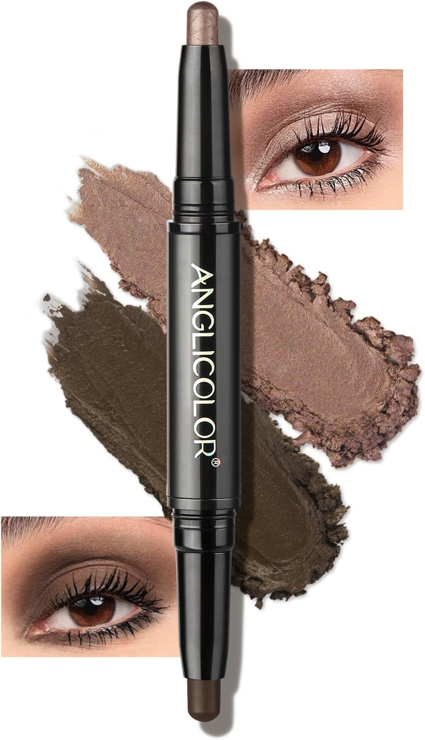 Anglicolor Dual Ended Cream Eyeshadow Stick, Cr&egrave;me to Powder, Brown Eyeshadow Stick, Glitter & Matte Shades, Soomth, Waterproof & Long Lasting, Blendable Glitter Eye Makeup,Golden Pink Shimmer&Taupe