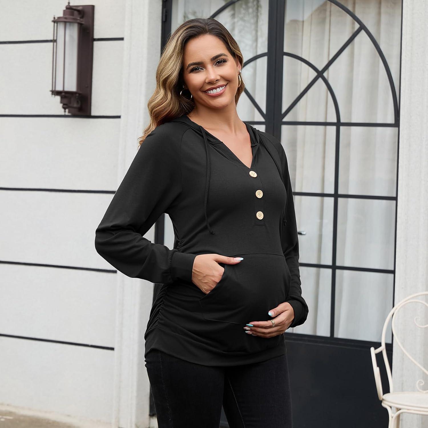 GINKANA Maternity Hoodies Long Sleeves Shirts Half Button Decoration Sweatshirt V Neck Pullover with Pockets Pregnancy Tee image number 2