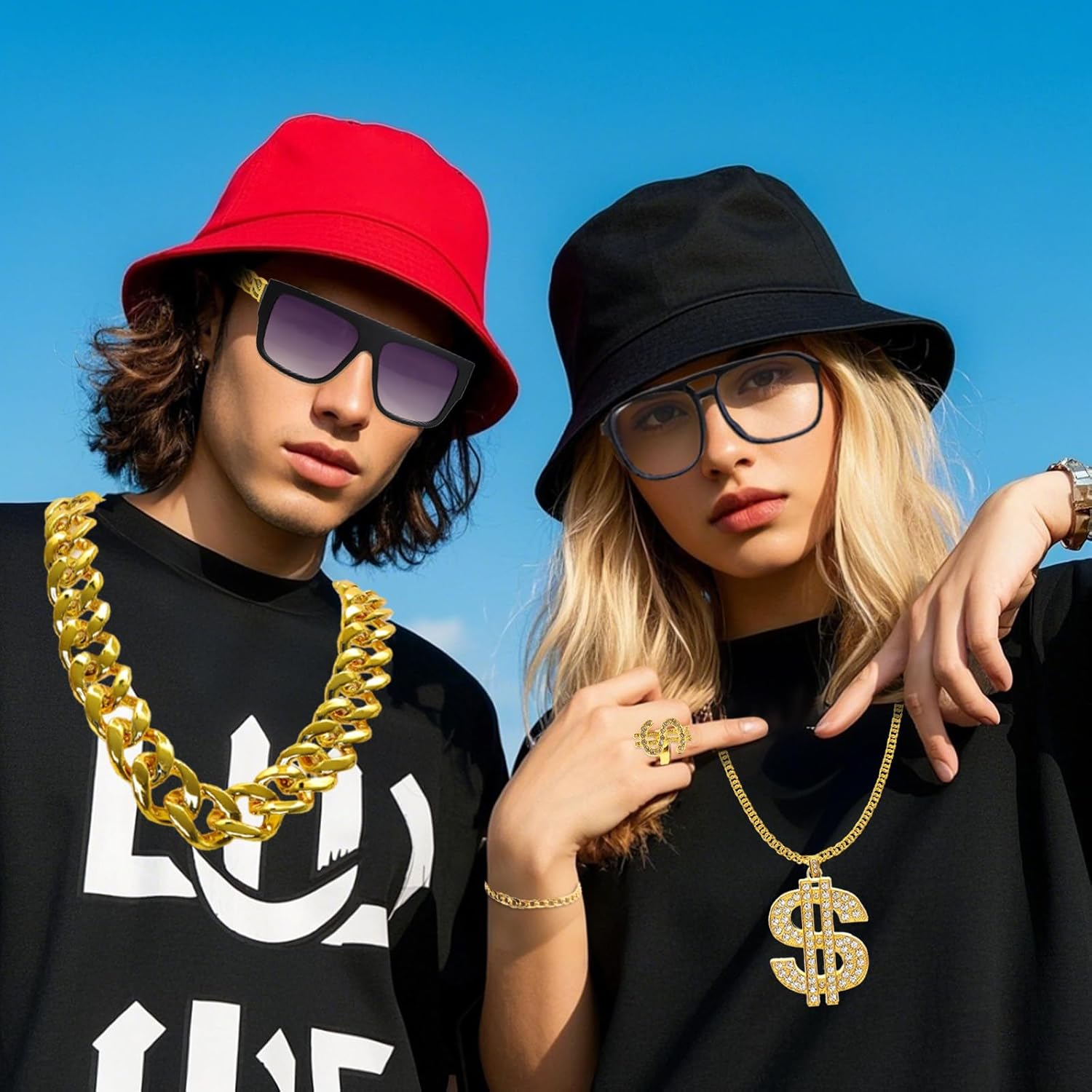80S 90S Accessories Hip Hop Costume Outfit Kit Sunglass Hat Gold Chain Money Sign Necklace Ring Rapper Accessory image number 4