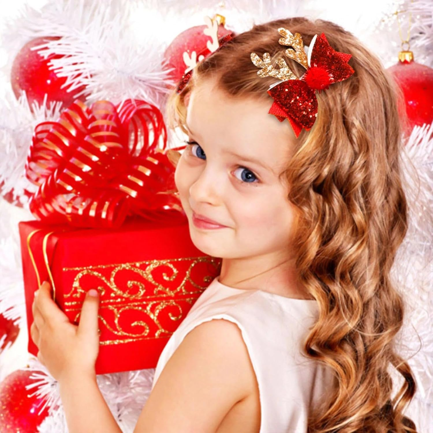 Dinghaole 6Pcs Christmas Hair Accessory Set - Bow Hair Clip, Christmas Reindeer Antler Headband, Suitable for Holiday Parties and Holiday Styles (Red and Gold) image number 2