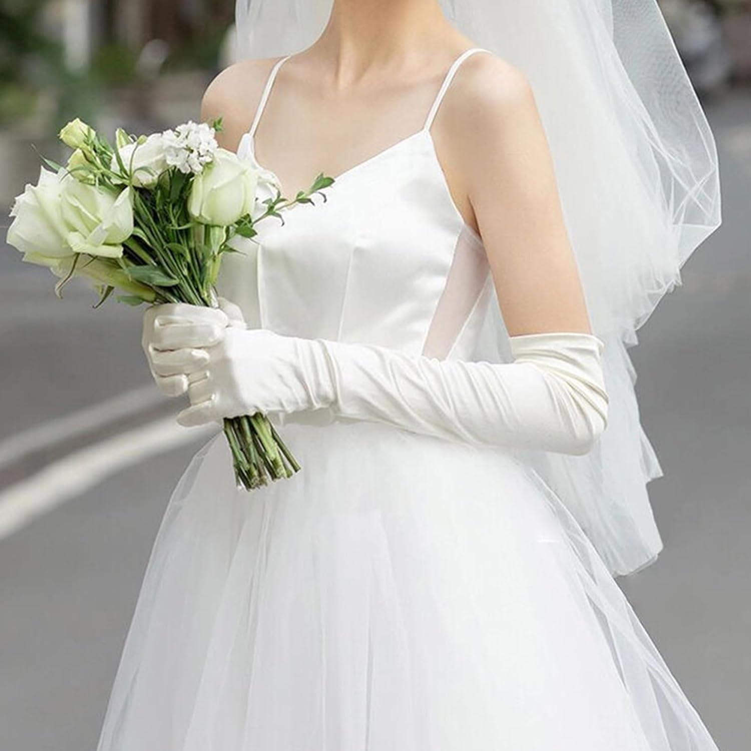 JUNART Long Satin Gloves,Elegant Elbow Length Gloves for Opera Party, Wedding, Evening Dresses,Carnival Costume, Dance