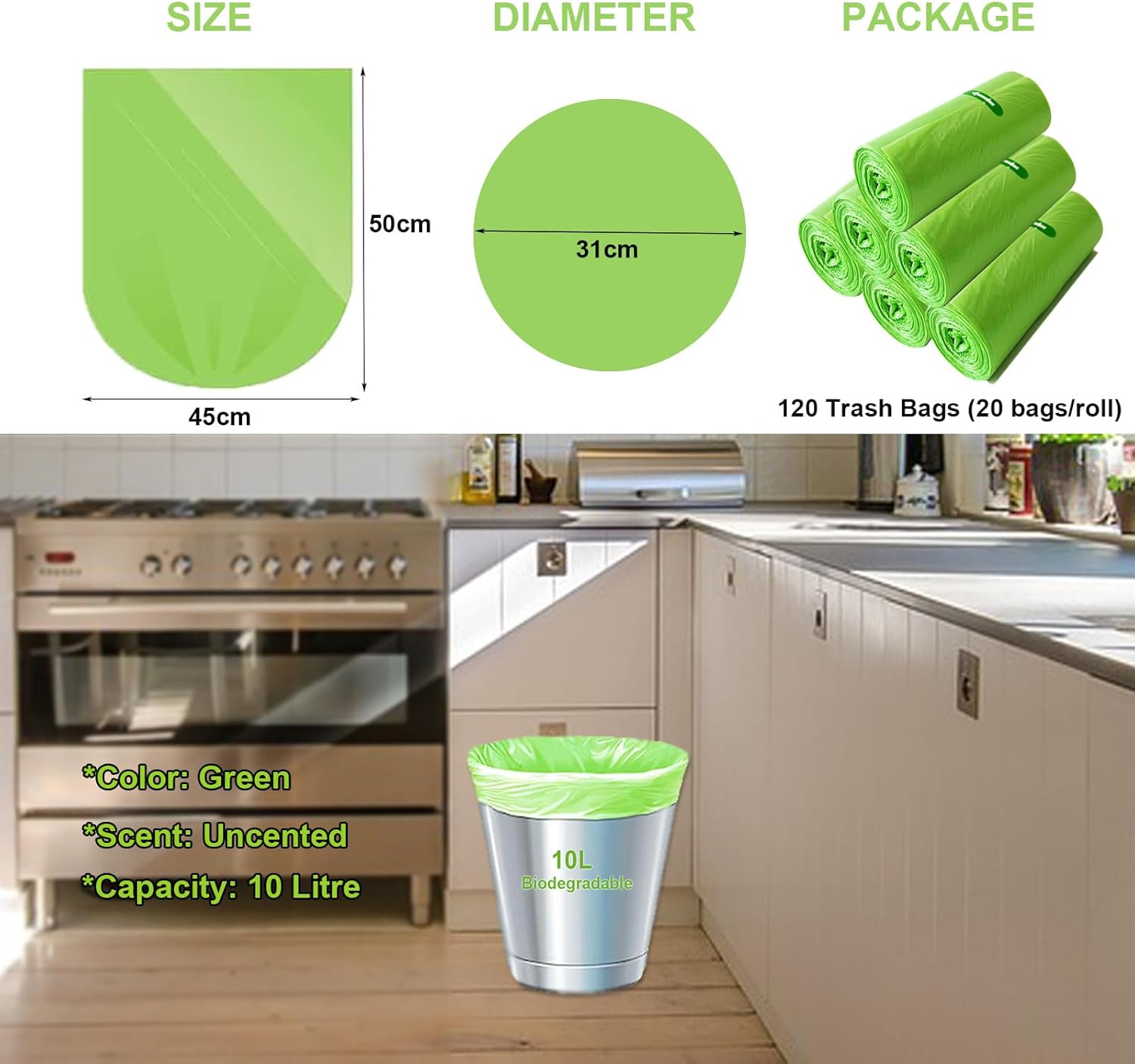 Biodegradable Bin Bags Liner 120 Counts, 10L Food Waste Bags Trash Bags Small, 10 Litre Compostable Compost Caddy Liners, Recycled Degradable Rubbish Garbage Bags for Kitchen Office, Green, 45 X 50Cm - Green 10L image number 1
