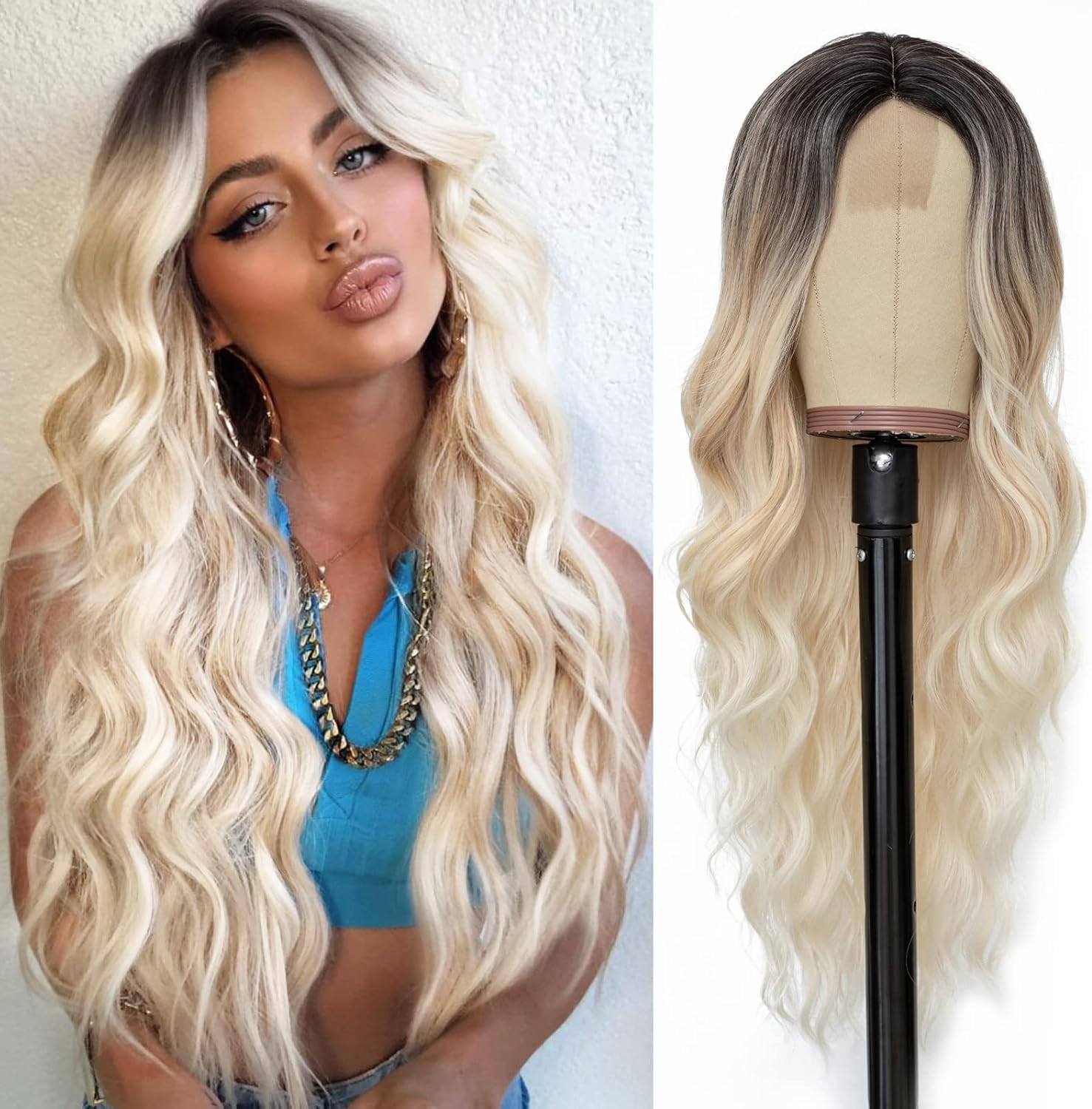 QAUARUMSUN Long Platinum Blonde Wavy Wig for Women 26 Inch Middle Part Curly Wavy Lace Front Wig Natural Looking Synthetic Wig for Daily Party Use (Ombre Blonde)