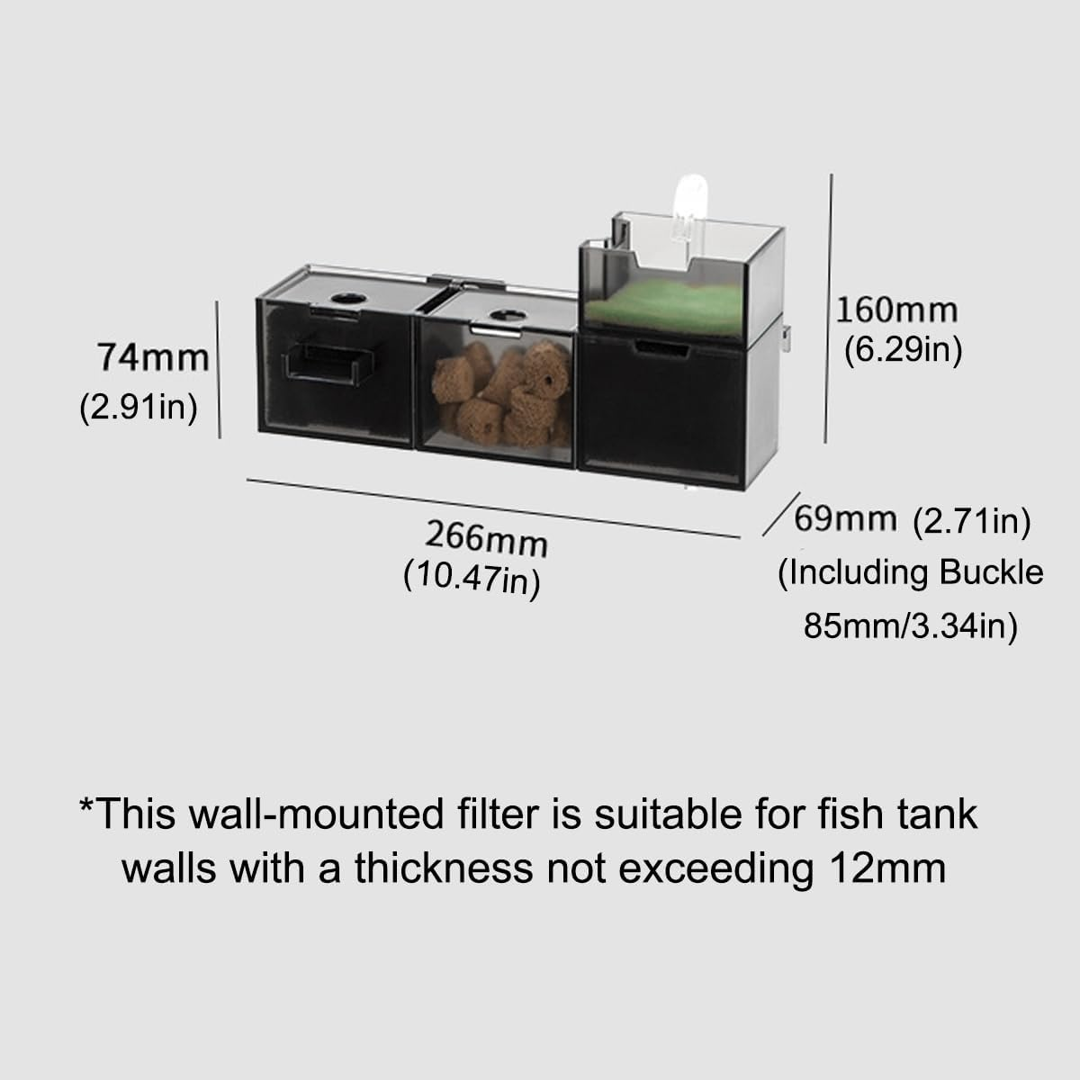 2 PCS Adjustable Fish Tank Filter Box with Built-In Mute Circulation, Oxygen-Increasing Three-In-One Purifier for Turtle Tanks, Aquarium Wall-Mounted Water Cleaner, Suitable for 12Mm Thick Walls image number 4