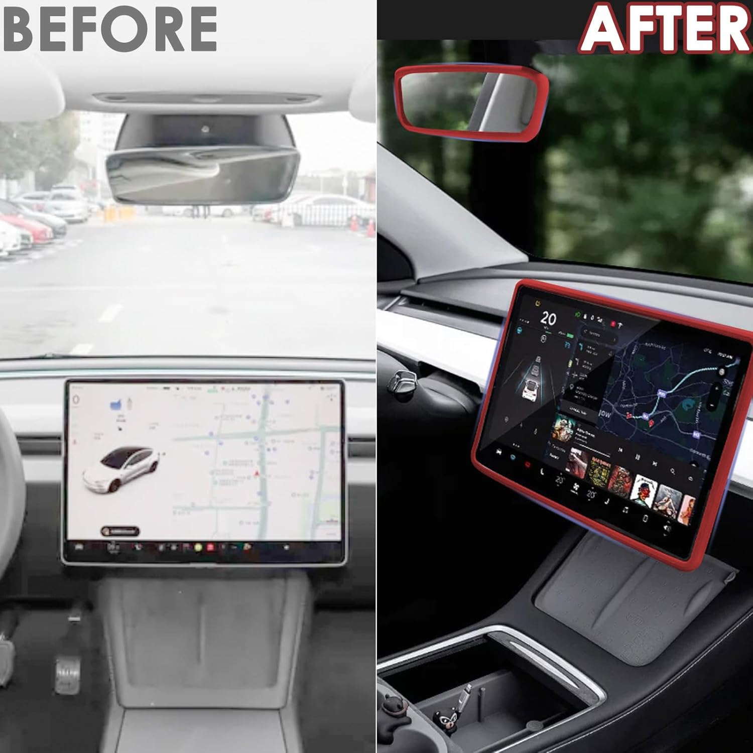 2PCS Protector Trim Frame Compatible with Tesla Model 3 Y 2019-2024 2025 Screen Edge Frame Rearview Mirror Cover Interior Silicone Decorations Center Console Decor Highland Juniper Accessories (Red) image number 6