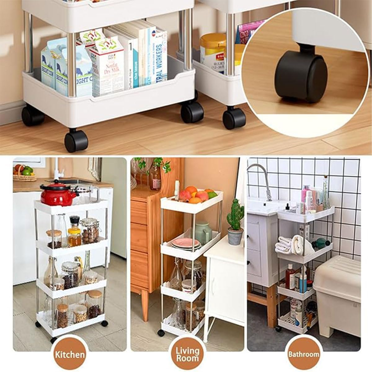 AIMALL Multi-Layer Bathroom Kitchen Storage Trolley Rack, Rolling Utility Organizer, Stainless Steel and Plastic, Easy to Assemble, White and Black image number 6