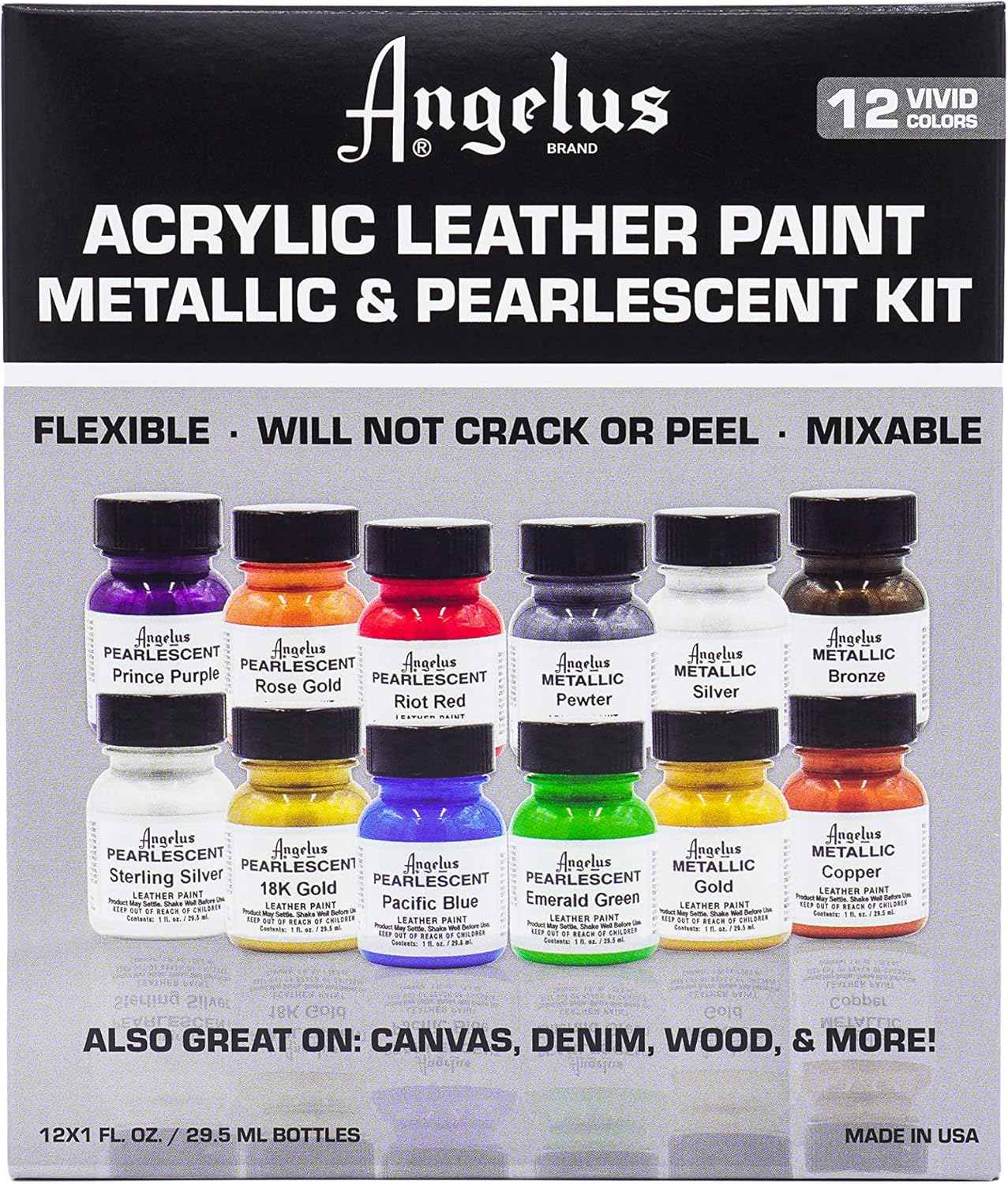 Angelus Acrylic Leather Paint Kit Metallic & Pearlescent 12 Pack Set image number 6