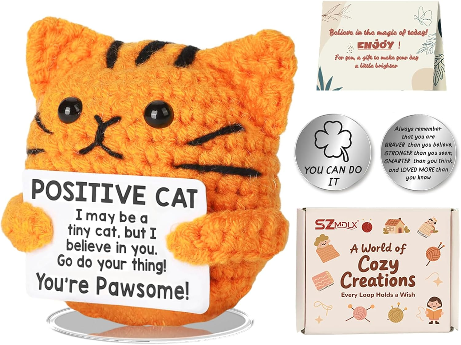 SZMDLX Positive Crochet Animals, Pocket Hug Positive Cow with Inspirational Cards in Gift Box, Emotional Support Good Luck Gifts for Women, Lucky Charm for Birthdays, Office & Home Desk Decor