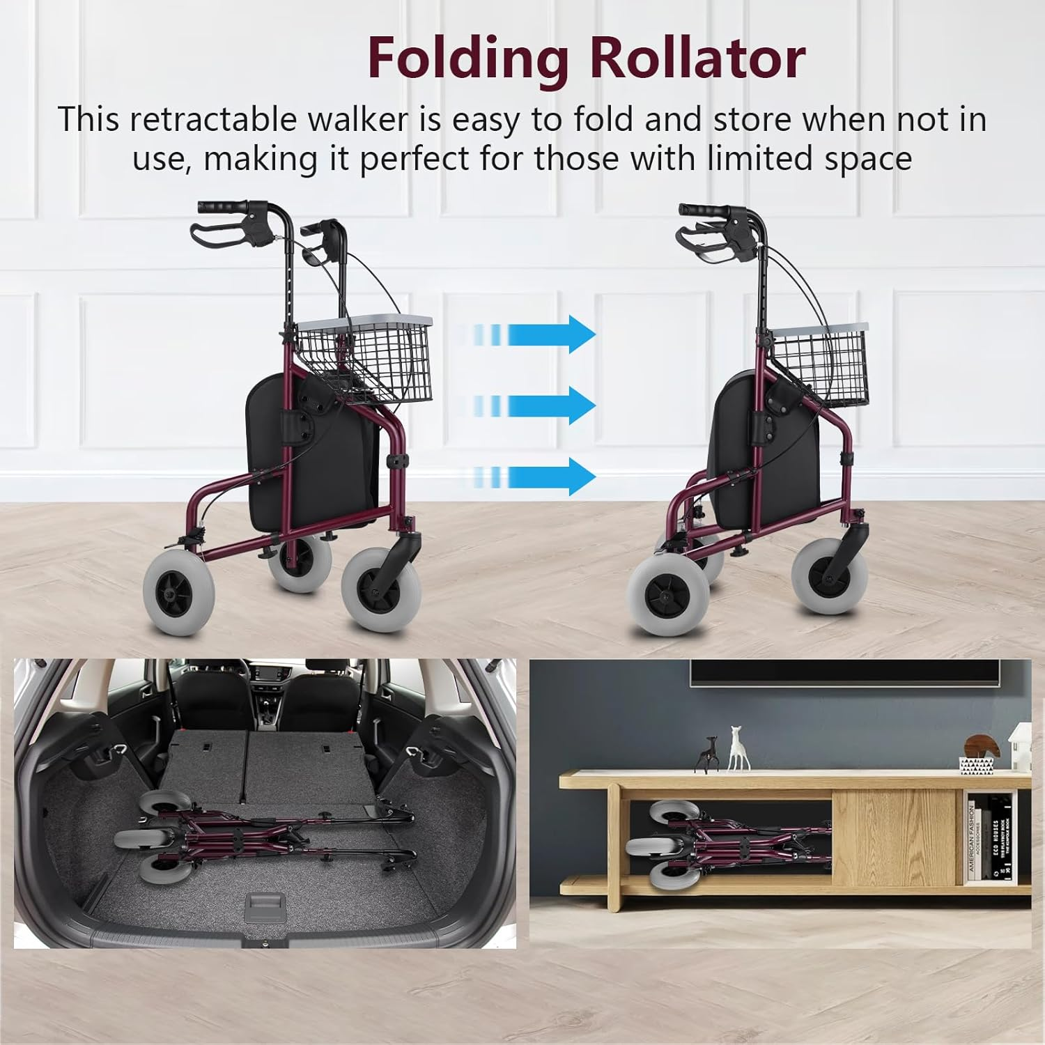 Altus Rolling Walker Mobility Aid Rollator with Bag Wire Basket and Tray Burgundy Red (3 Wheels Red) image number 4