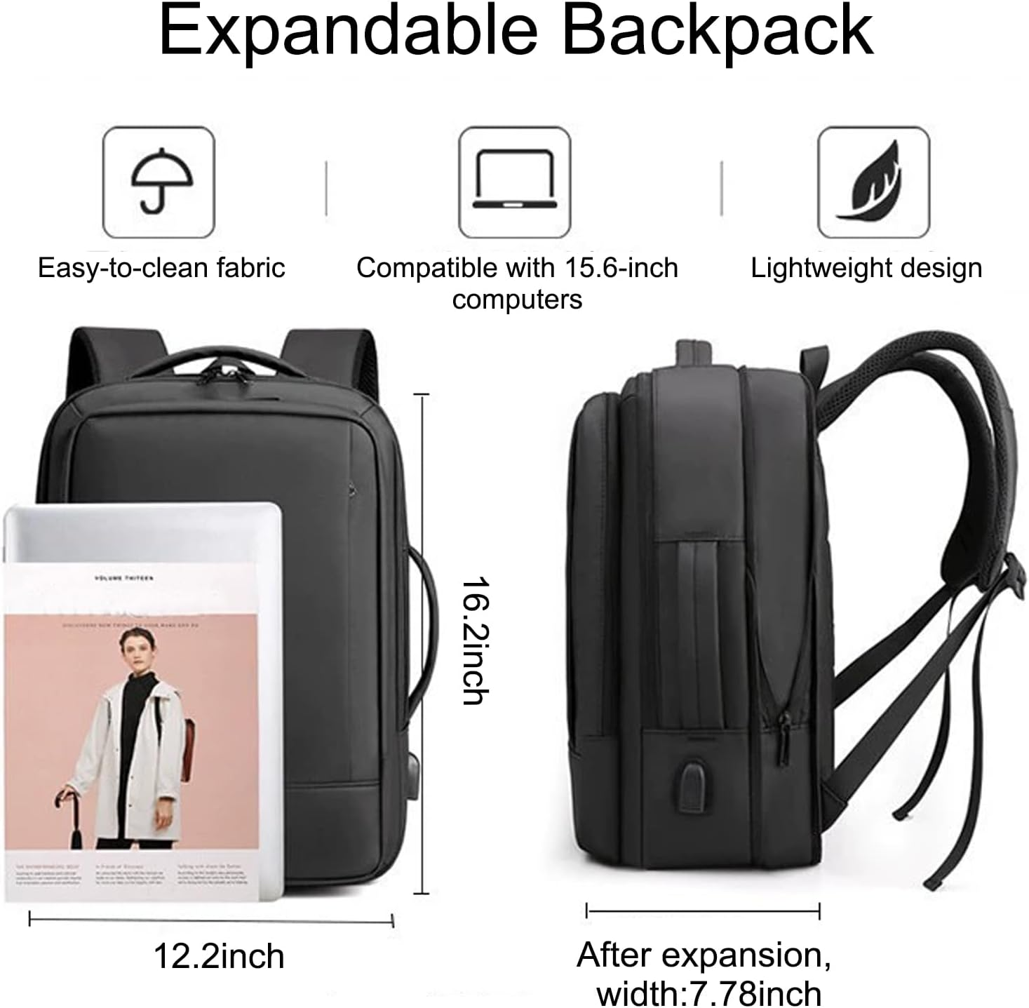 Laptop Backpack for Men, Business Travel Backpack with USB Charging Port, Waterproof Carry on Work Backpack, Portable Computer Backpacks Fits 15.6 Inch Laptop, Black image number 5