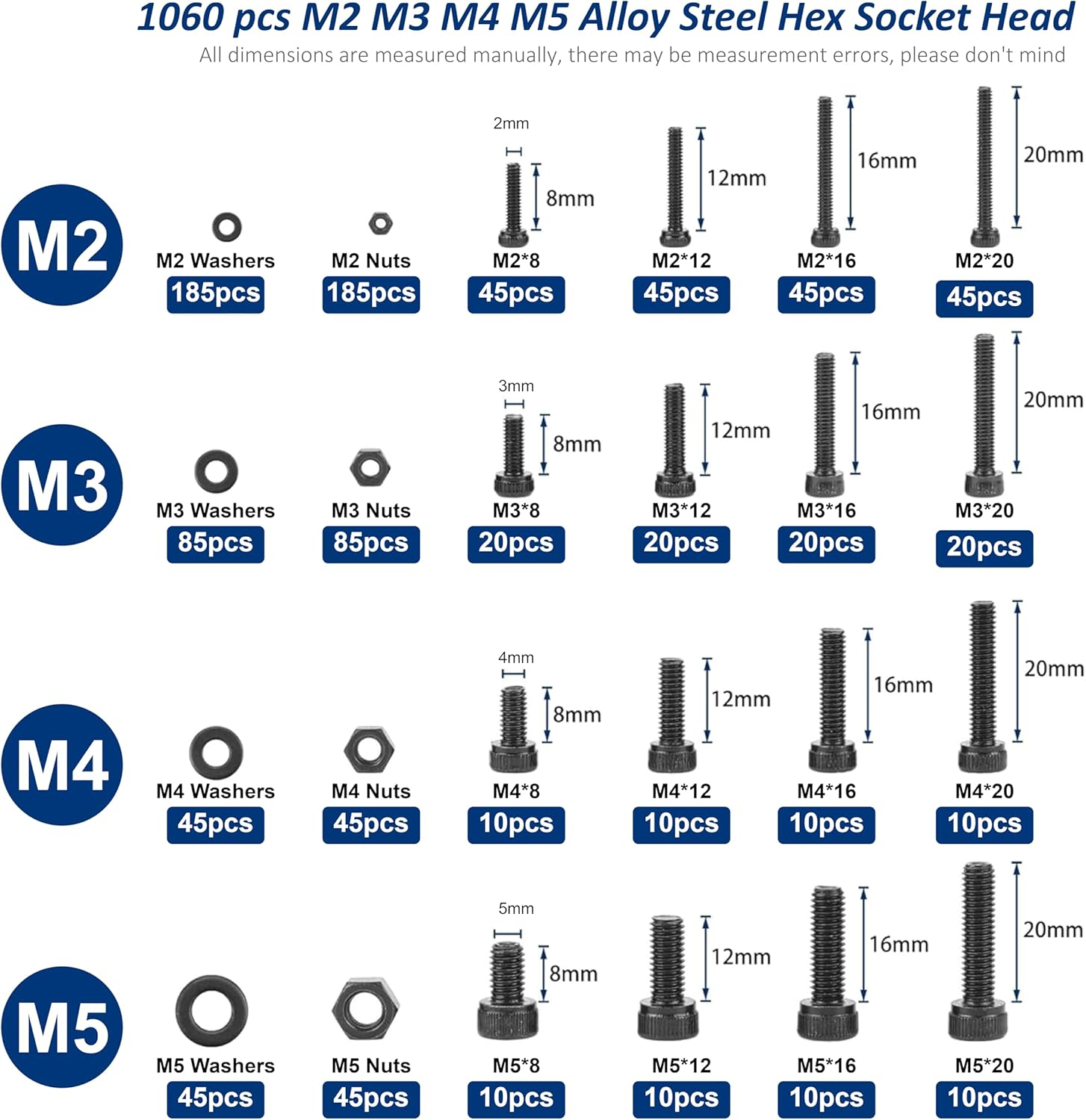 Fullfun 1060PCS M2 M3 M4 M5 Hex Socket Head Cap Screw Bolts Nuts Assortment Kit, 12.9 Grade Alloy Steel Metric Screws with 4PCS Allen Wrenches, Allen Socket Hex Drive Black Machine Screws Set image number 2