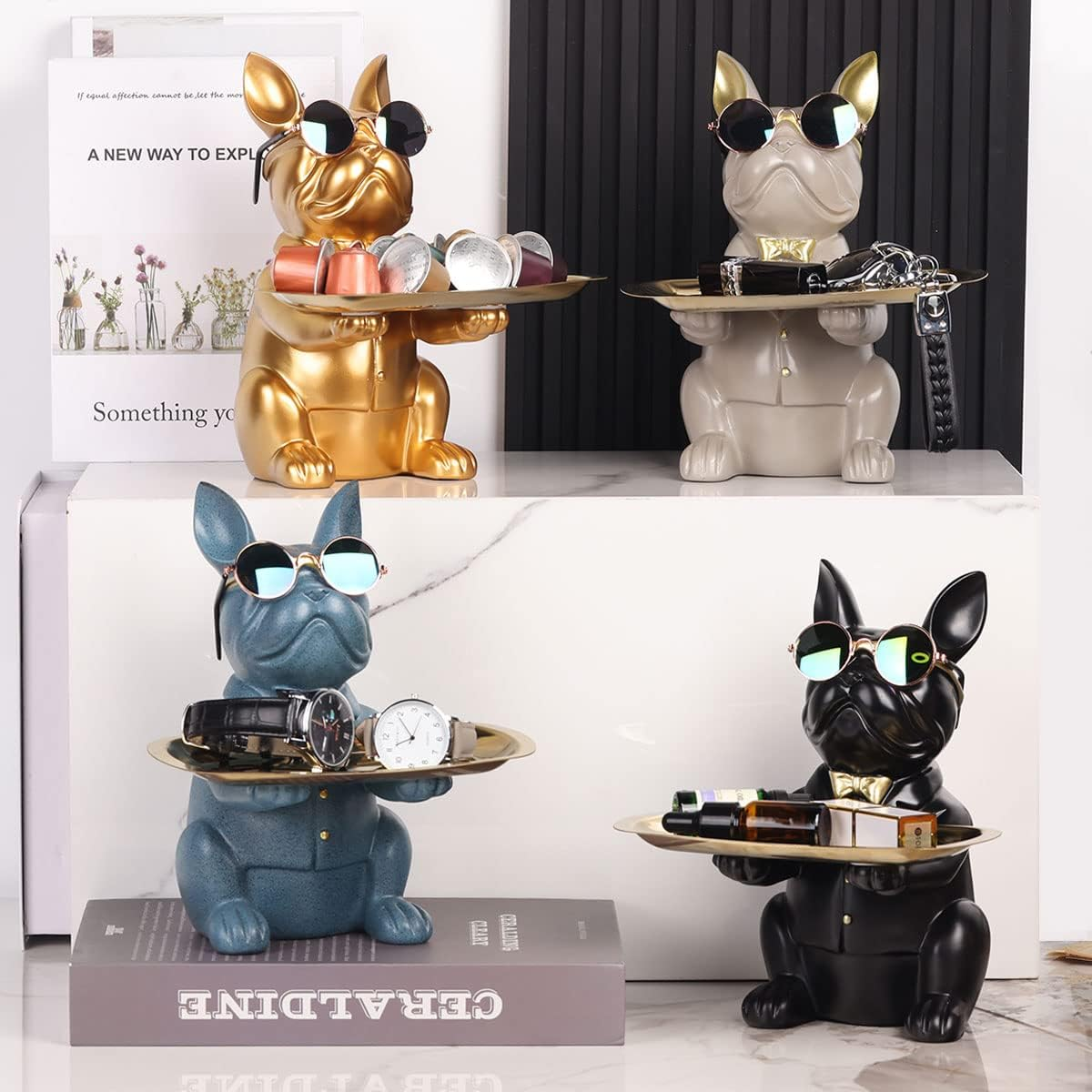 QIANLING Blue Bulldog Tray Holder Storage Desk Table Trays Decorative Animal Bulldog Sculpture Home Decor Statue Coin Piggy Bank Multi-Function Office Home Entrance Key Snack Storage Tray image number 1
