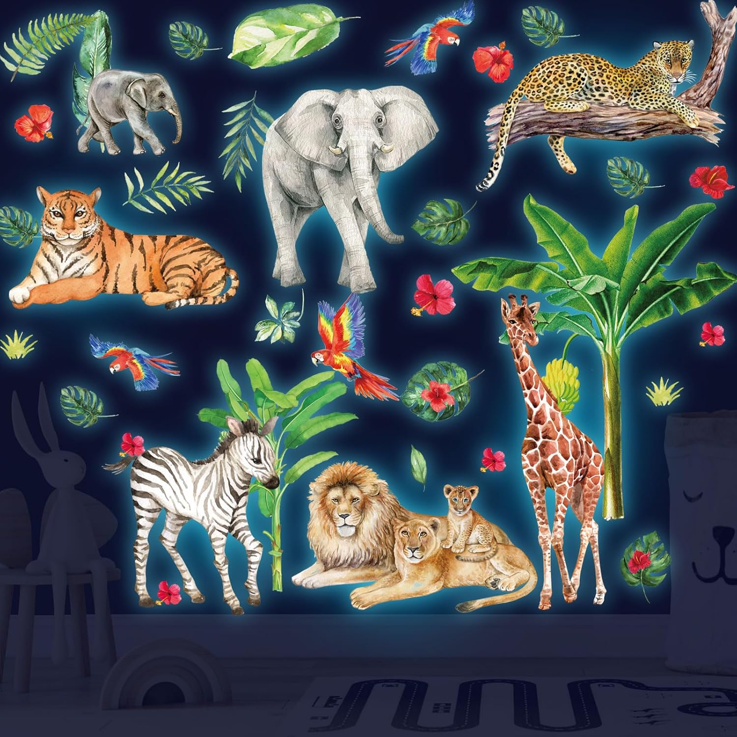 Glow in the Dark Jungle Animals Wall Decals,Glowing Luminous Safari Animals Wall Stickers Removable Self-Adhesive Forest Tiger Elephant Palm Trees Decals for Boys Girls Bedroom Kids Nursery Decoration - Dinosaur image number 5