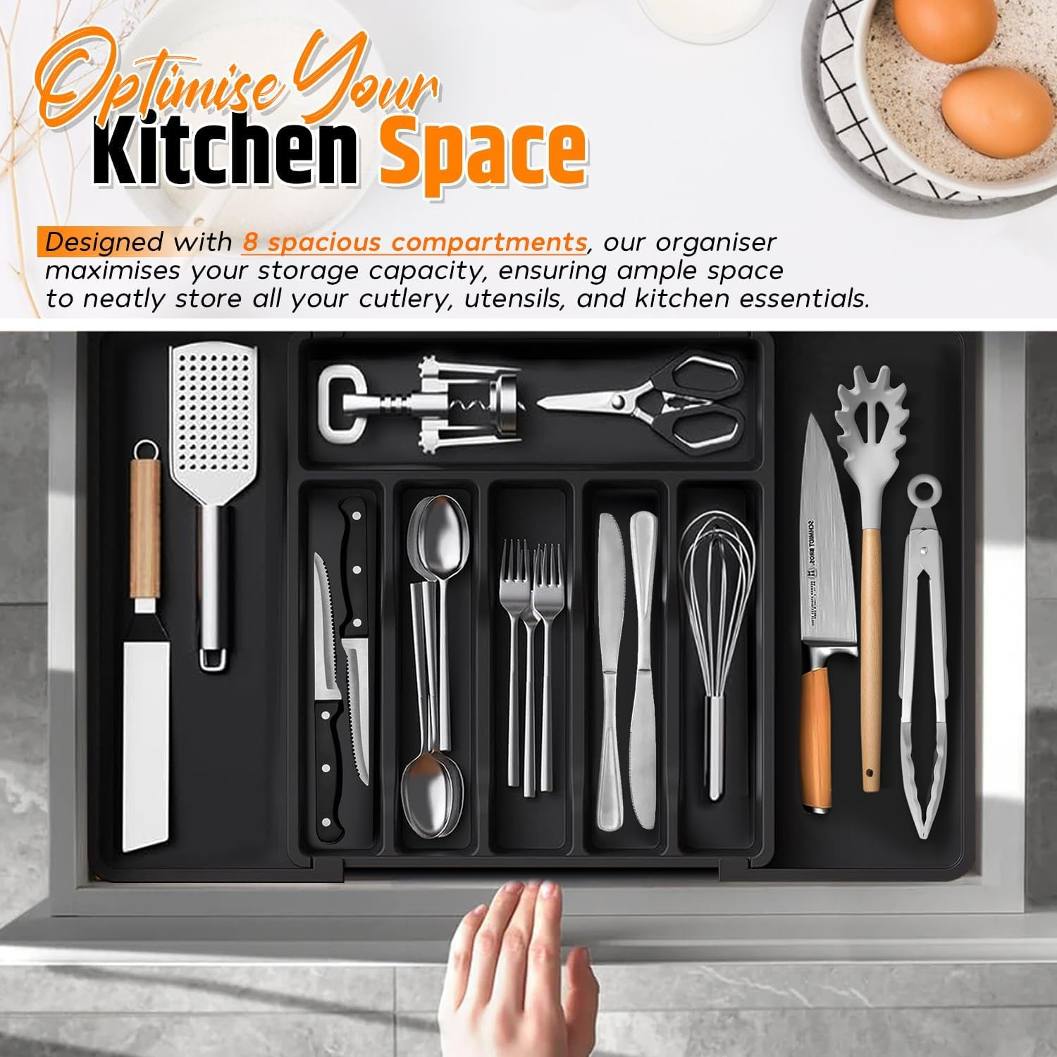 Expandable Kitchen Drawer Organizer &ndash; Large Black Cutlery Tray 33-57Cm &ndash; Adjustable Utensil Holder &ndash; 8 Compartments &ndash; Water-Resistant Plastic Storage for Silverware, Spoons, Forks, Knives & Gadgets image number 1