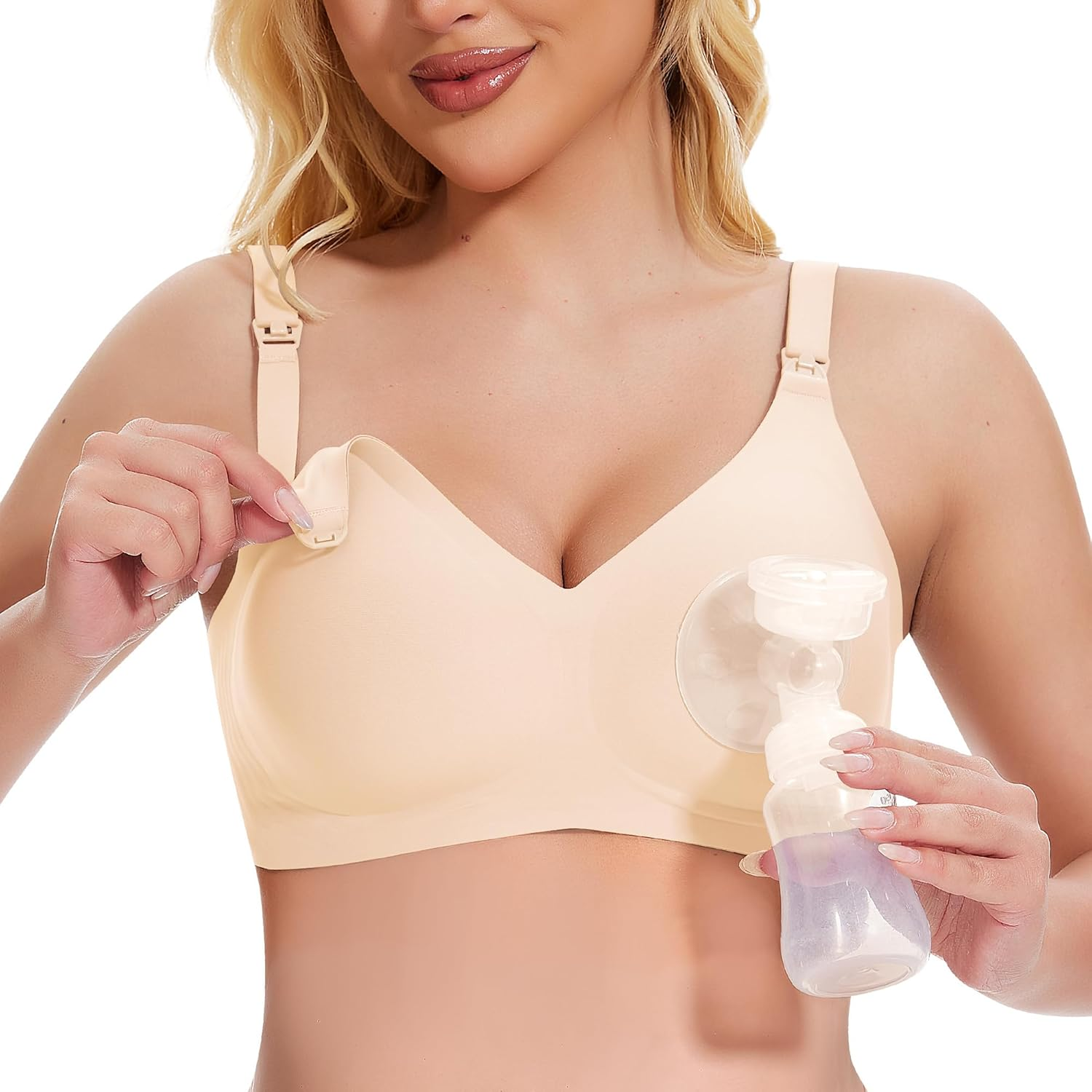 Qoonoo Nursing Bra without Underwire Pregnancy Bra Women'S Breastfeeding Bra Large Breasts Cotton Sleep Nursing Bra, Beige, M image number 2