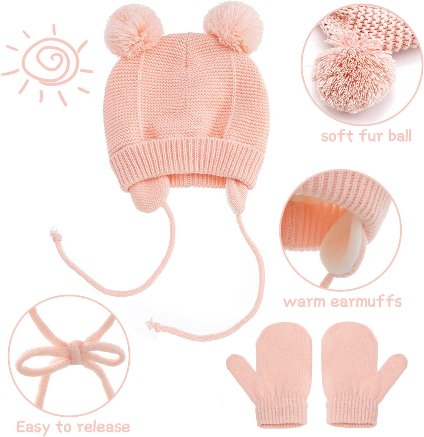 Baby Toddler Winter Beanie, Sets of Boys Girls Earflap Hat with Warm Gloves,Cute Bear Infant Knit Caps, Soft Warm Fleece Lind Knit Cap for Baby 1-4 Years image number 5