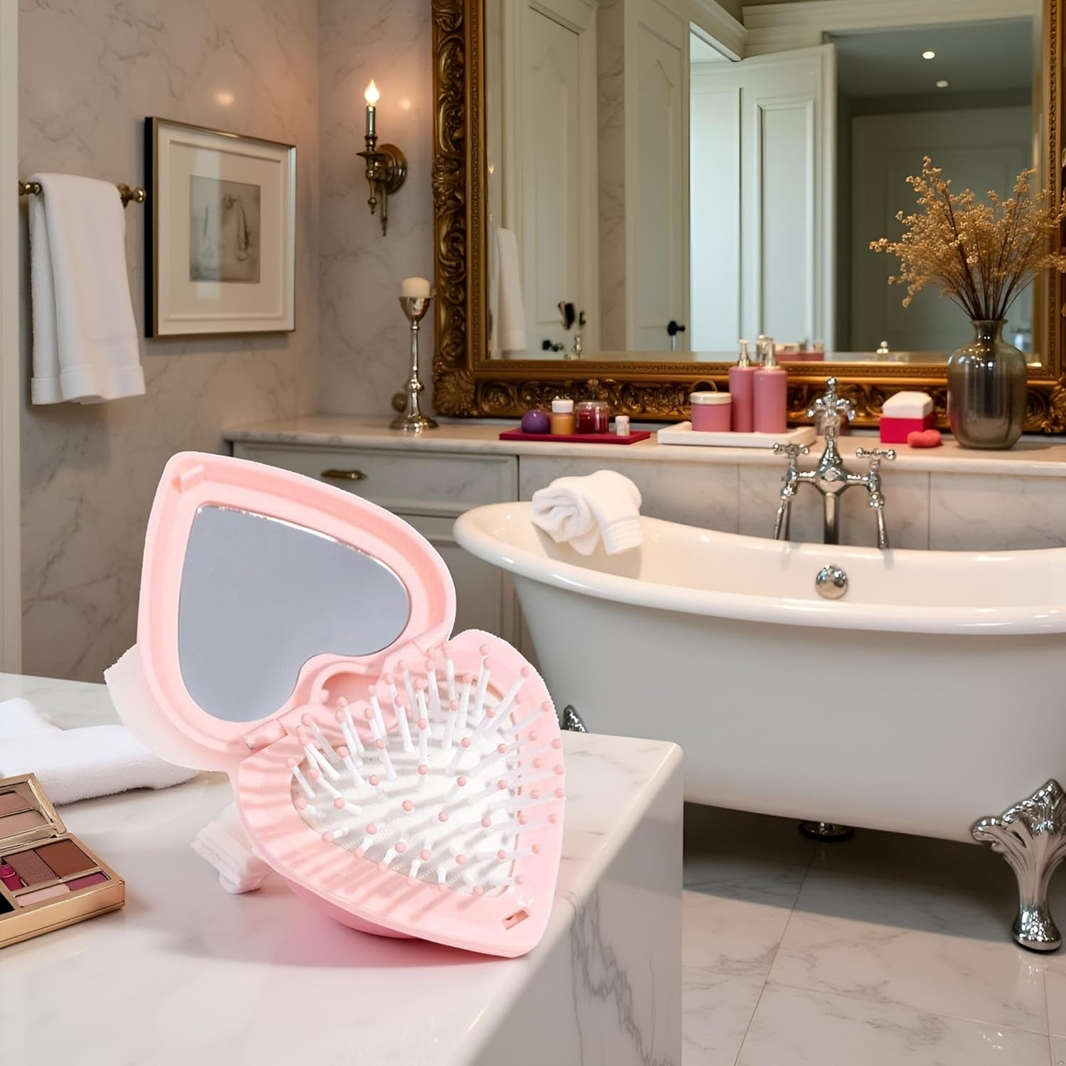 Heart Shape Mini Hair Brush for Purse Travel Folding Pocket Mirror Foldable Comb Women Girl (Pink) - Blue image number 5