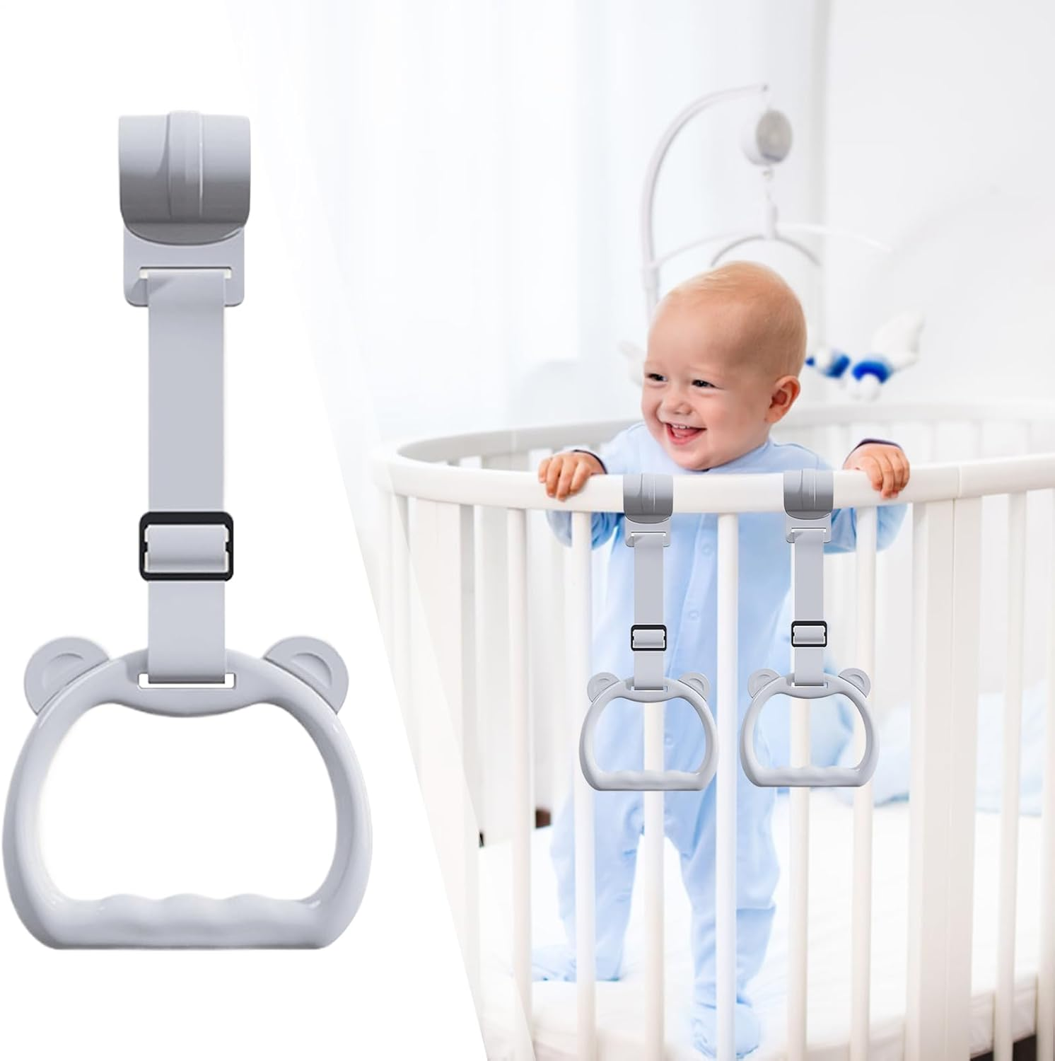 Baby Pull up Rings - Cot Hangable Rings | Training Tool Toy Strap Handle Grip for Walking Practice Exercise Boys Girls Daycare Yard Play - Pink image number 2