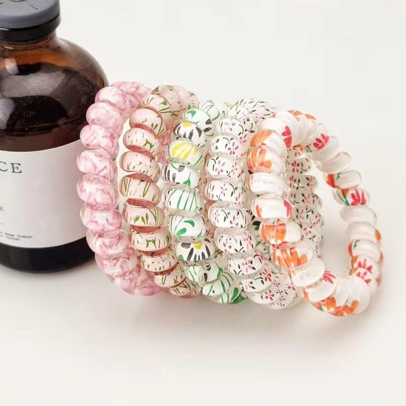 5Pcs Spiral Hair Ties for Women Phone Cord Tellie Telly Coil Plastic Tele Coiled Telephone Cord Stretchy Hair Ties for Thick Hair Big Coils (Floral Style) image number 2