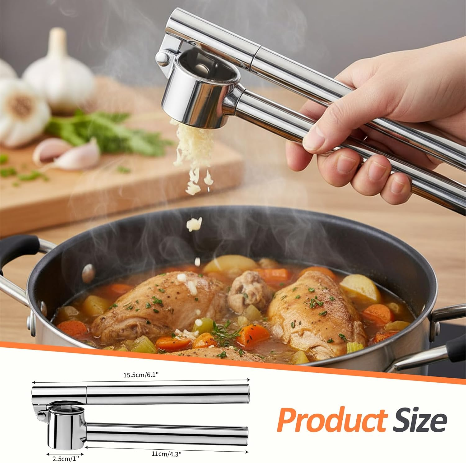 VINATO Stainless Steel Garlic Press with Peeler and Cleaning Brush, Kitchen Aid for Garlic Pressing and Peeling, Dishwasher Safe image number 3