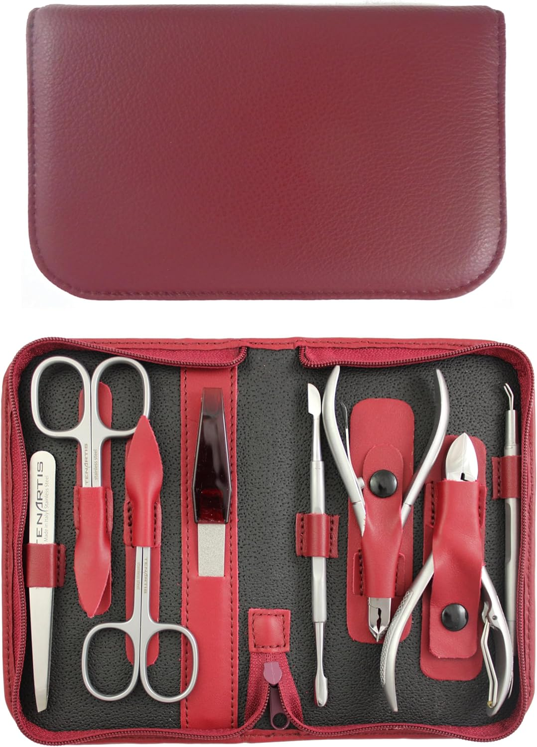 8-Piece Manicure and Pedicure Case Made of Genuine Leather with Zip, Rust-Proof, Tenartis Made in Italy (Black)