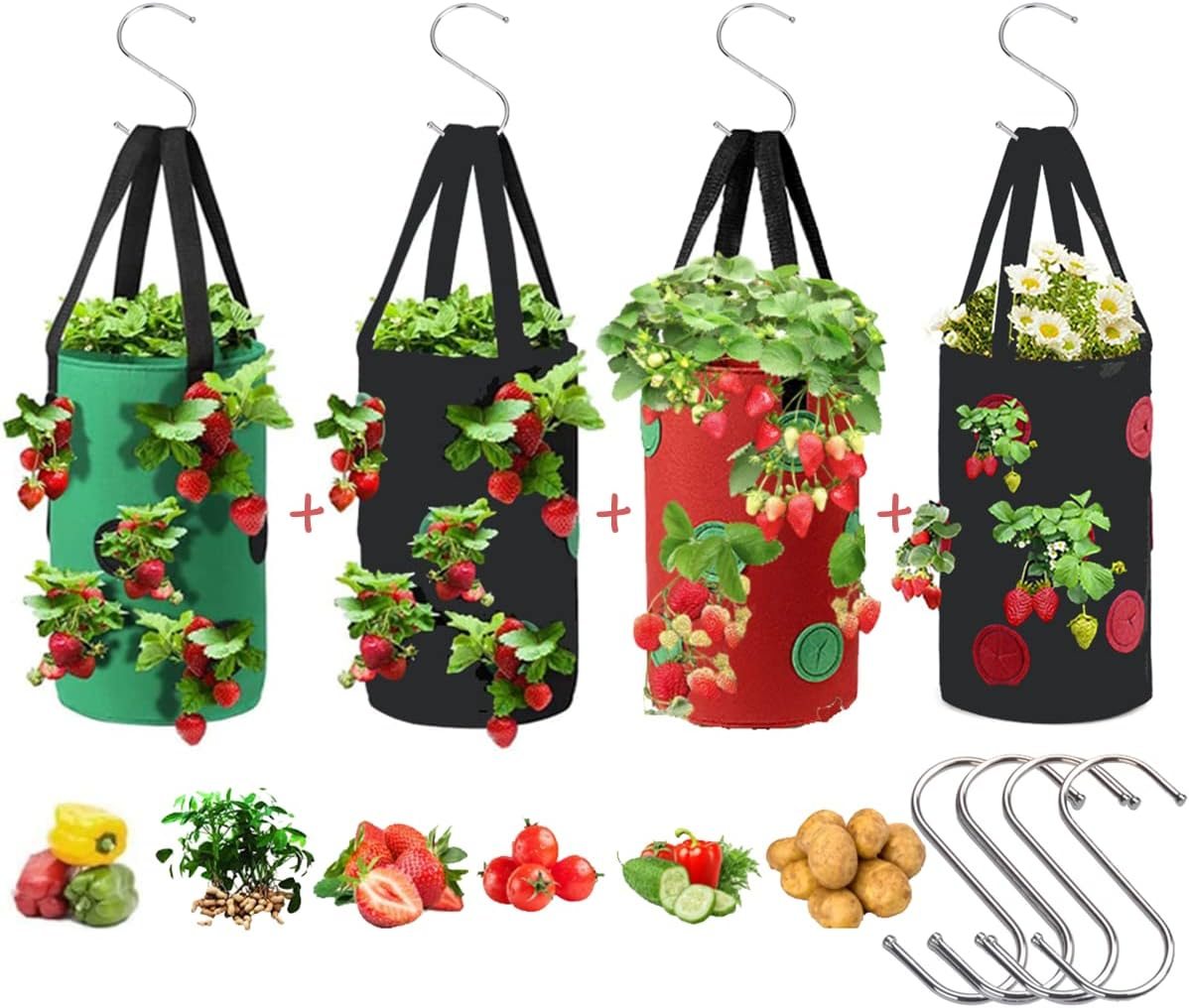 4 Pcs Upside down Strawberry Planter 3 Gallon Hanging Strawberry Planter Bags and 4 Hooks, Sturdy Hanging Handle Thickened Breathable Felt Cloth for Herb Tomato Hot Peppers Vegetables (4Pcs 3Gal)