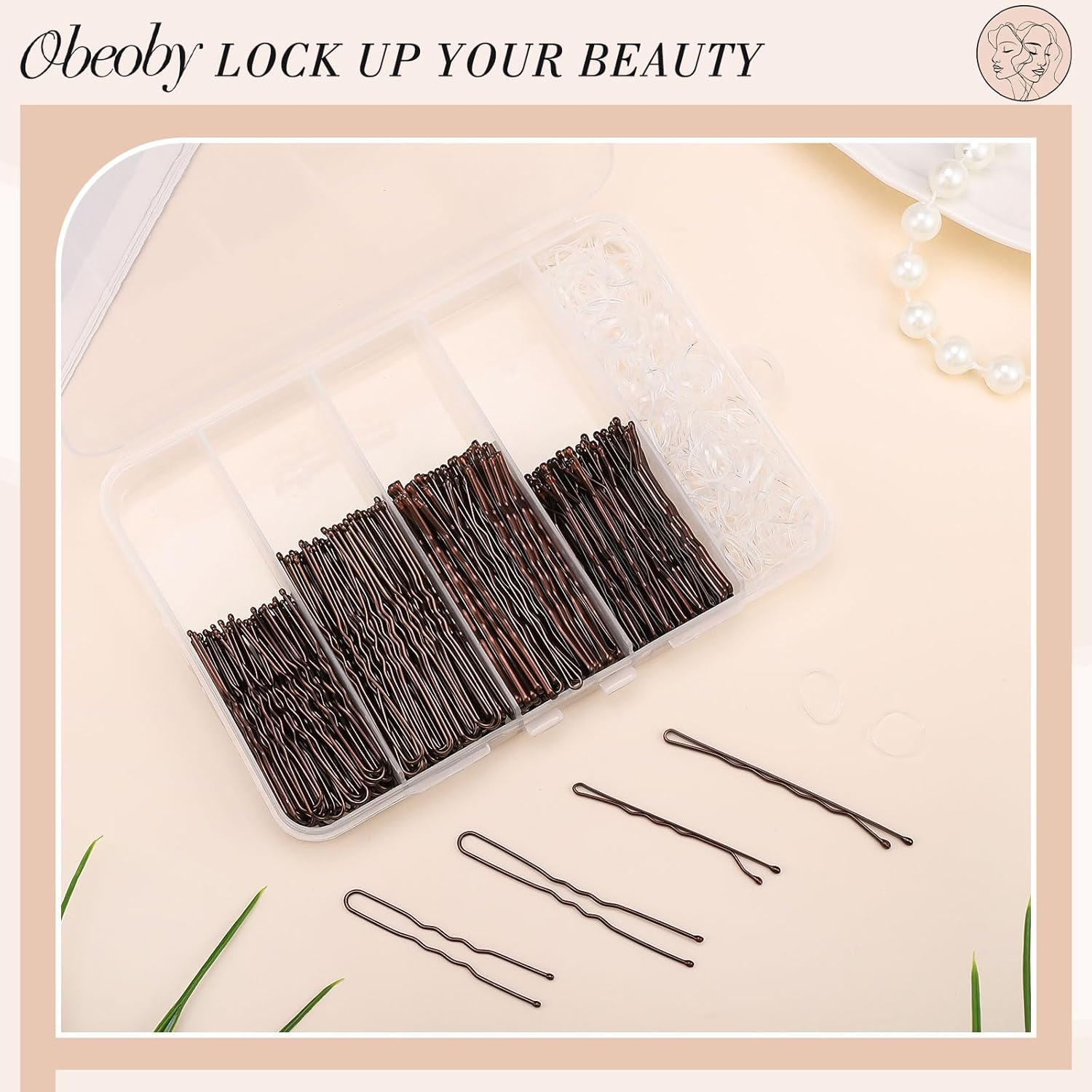 460Pcs Hair Pins Hair Rubbers Kit, 220Pcs 2 Size Bobby Pins and U Shaped Bun Pins for Women Girls with 240 Hair Rubbers and Storage Box Wedding Hairstyles (Brown) image number 3