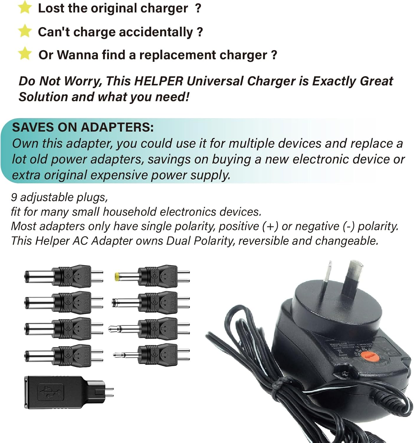 Reversible Polarity 12W Universal 3V 4.5V 5V 6V 7.5V 9V 12V Regulated Multi Voltage Switching Replacement Power Supply Adapter Charger for Keyboard Routers Speakers Pedals CCTV Cameras TV Box Audio