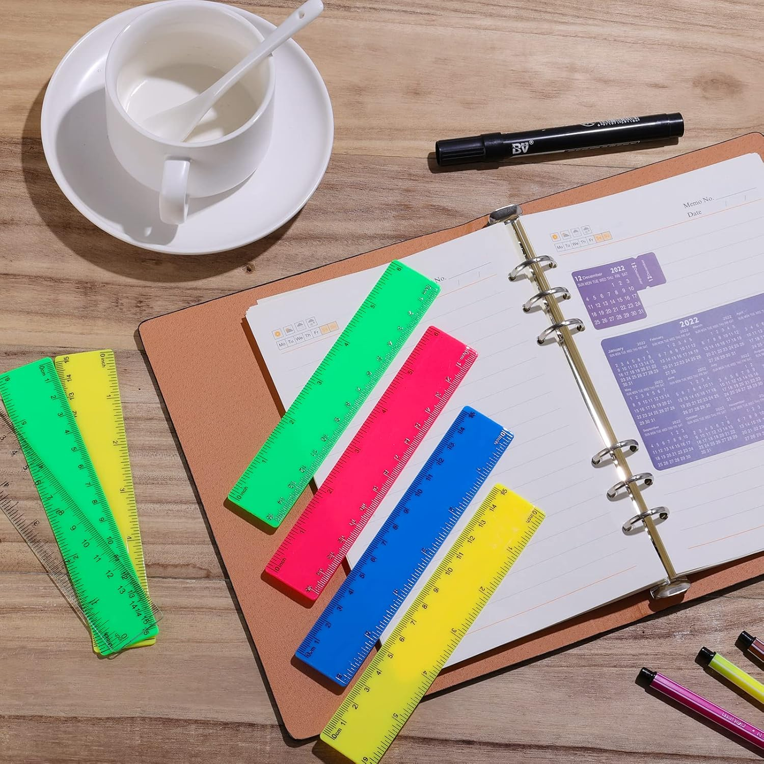 AIEX 15Pcs Color Transparent Ruler, 15Cm 6Inch Straight Ruler with Centimeters and Inches Plastic Multipack Rulers for School Classroom Home Office for Kids (Assorted Colors) image number 4