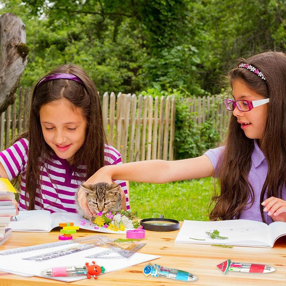 24 Pack 4-In-1 Retractable Mini Ballpoint Pens,6 Cartoon Themes Multi-Color Pens for Kids, Students,Gift & School Supplies,Compact Writing Set