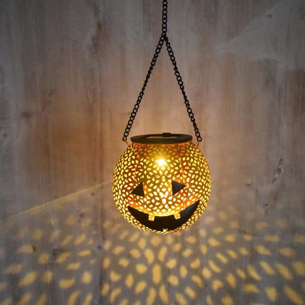 Halloween Decoration Hanging Solar Lantern Outdoor - Solar Powered Pumpkin Led Jack-O Lights, Waterproof Halloween Decor Metal round Lantern for Yard, Patio, Pathway, Porch, Lawn, Garden, Outside image number 1